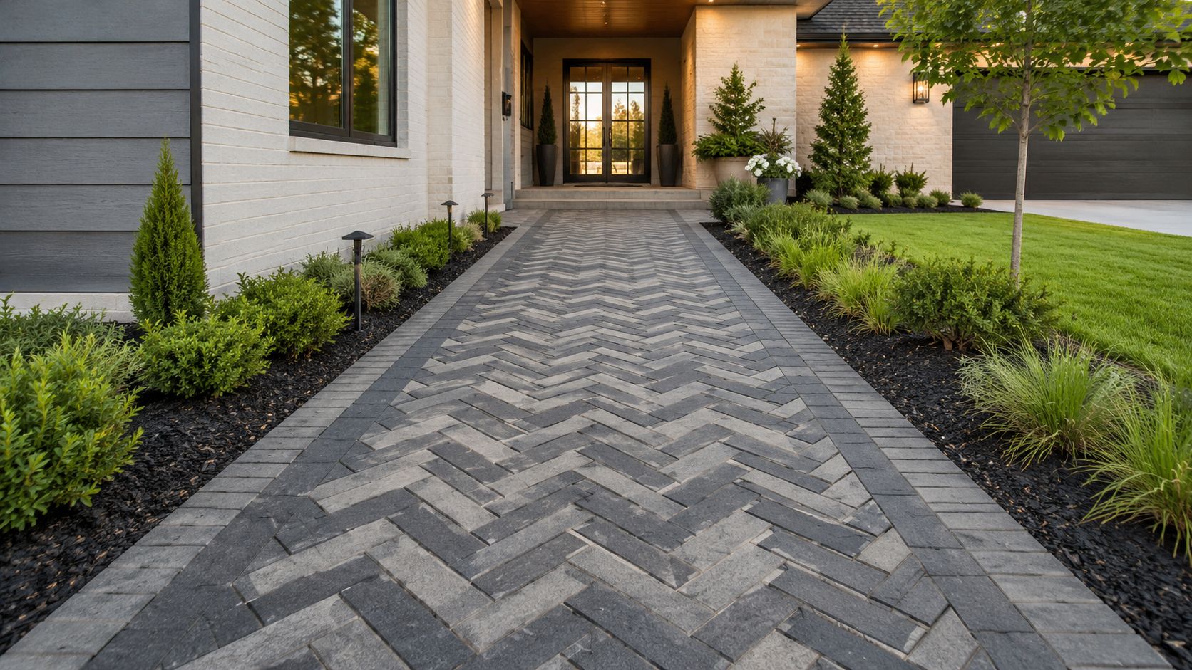 A luxurious home front entry with a beautiful herringbone patterned paved walkway leading to the front door.