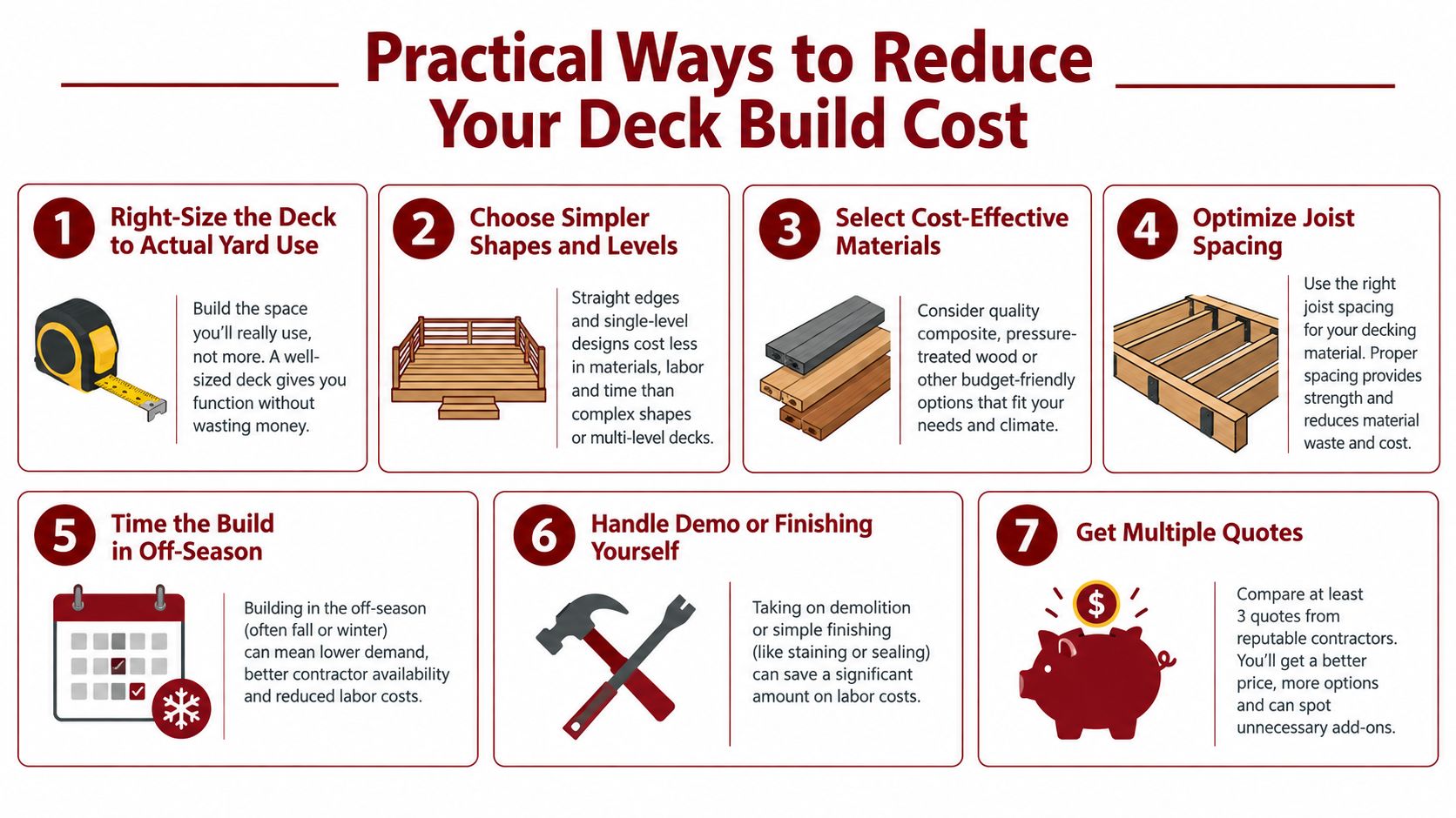 An infographic detailing seven practical tips to reduce the cost of building a custom backyard deck.