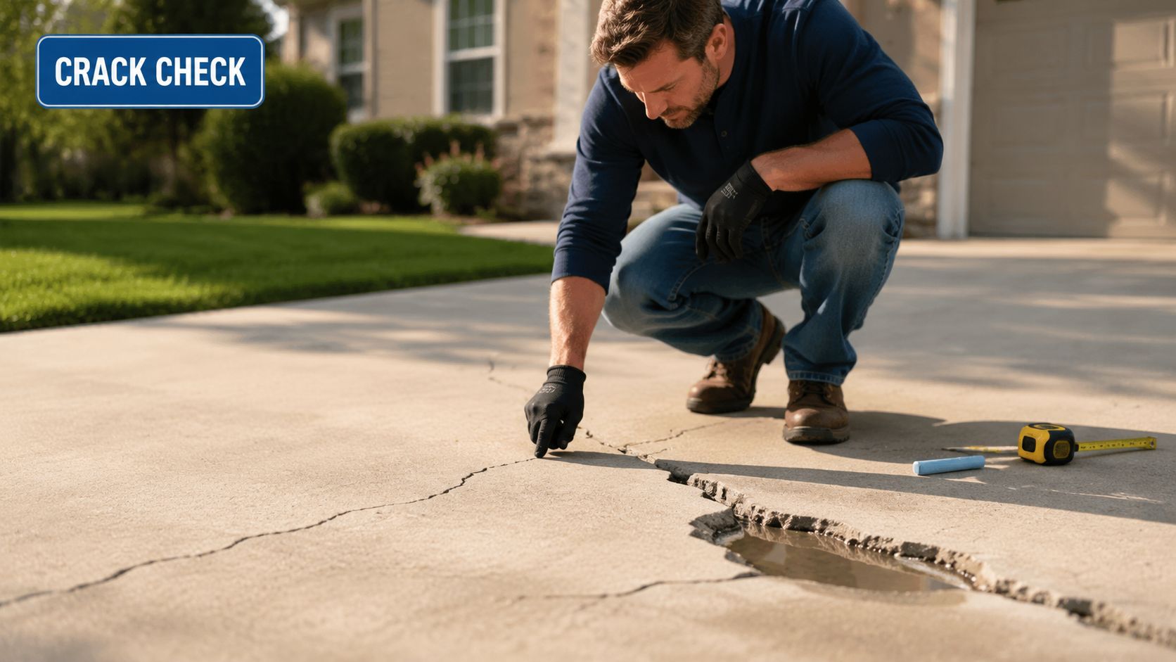 A professional kneeling on a driveway, inspecting a significant crack in the concrete slab for repair.