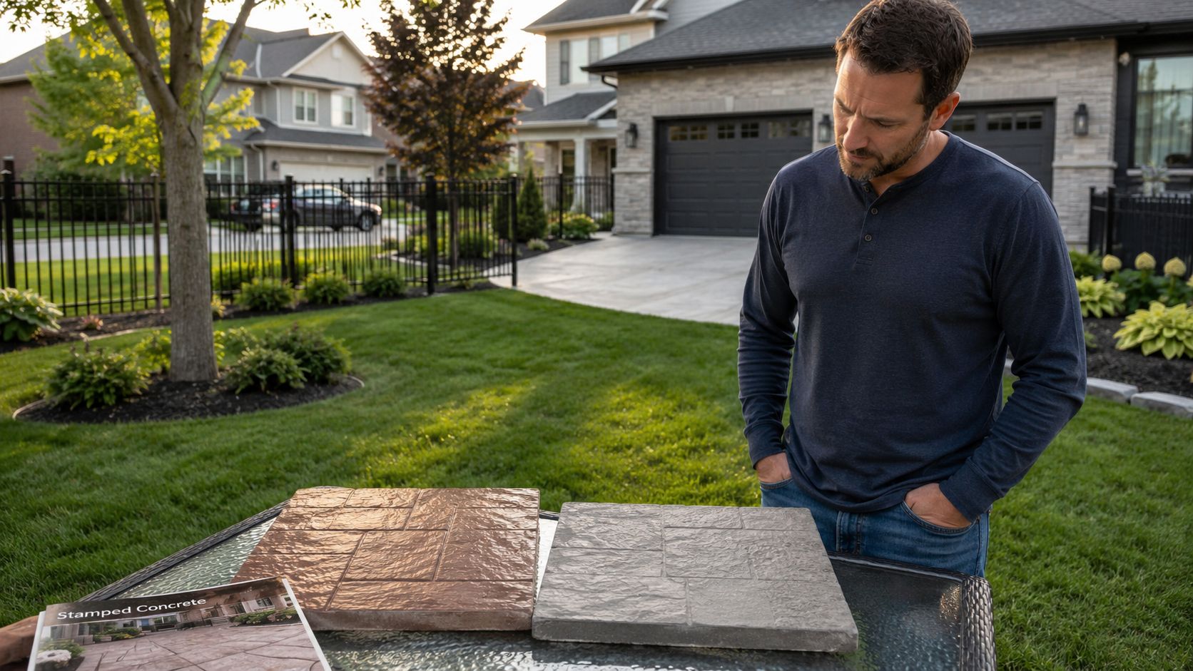 A man examines two different stamped concrete samples on a table in his backyard residential landscape.