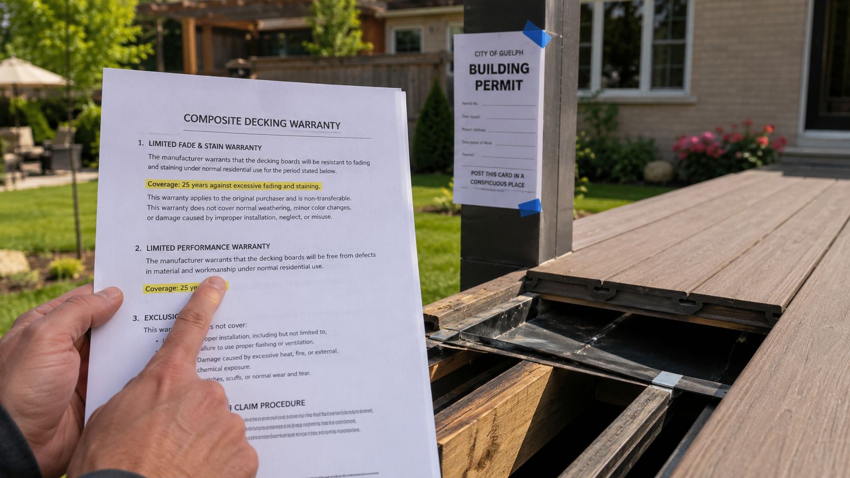 A person holding a composite decking warranty document next to a deck under construction with a permit.