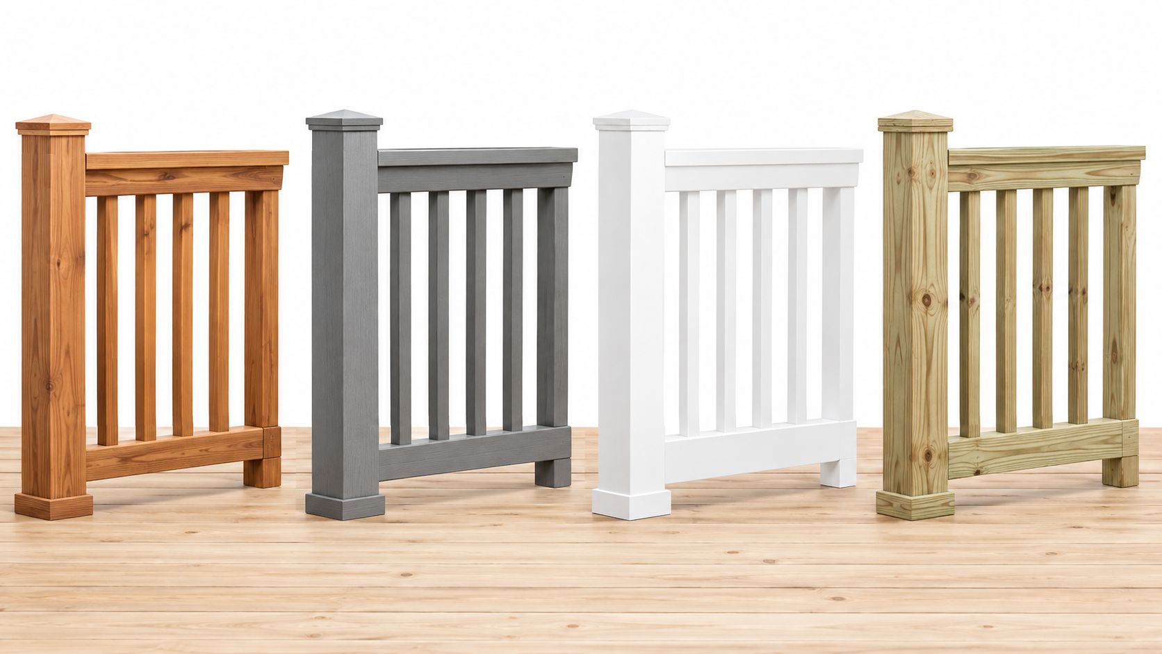 Four different wooden deck railing styles arranged side by side showing various color and texture options.