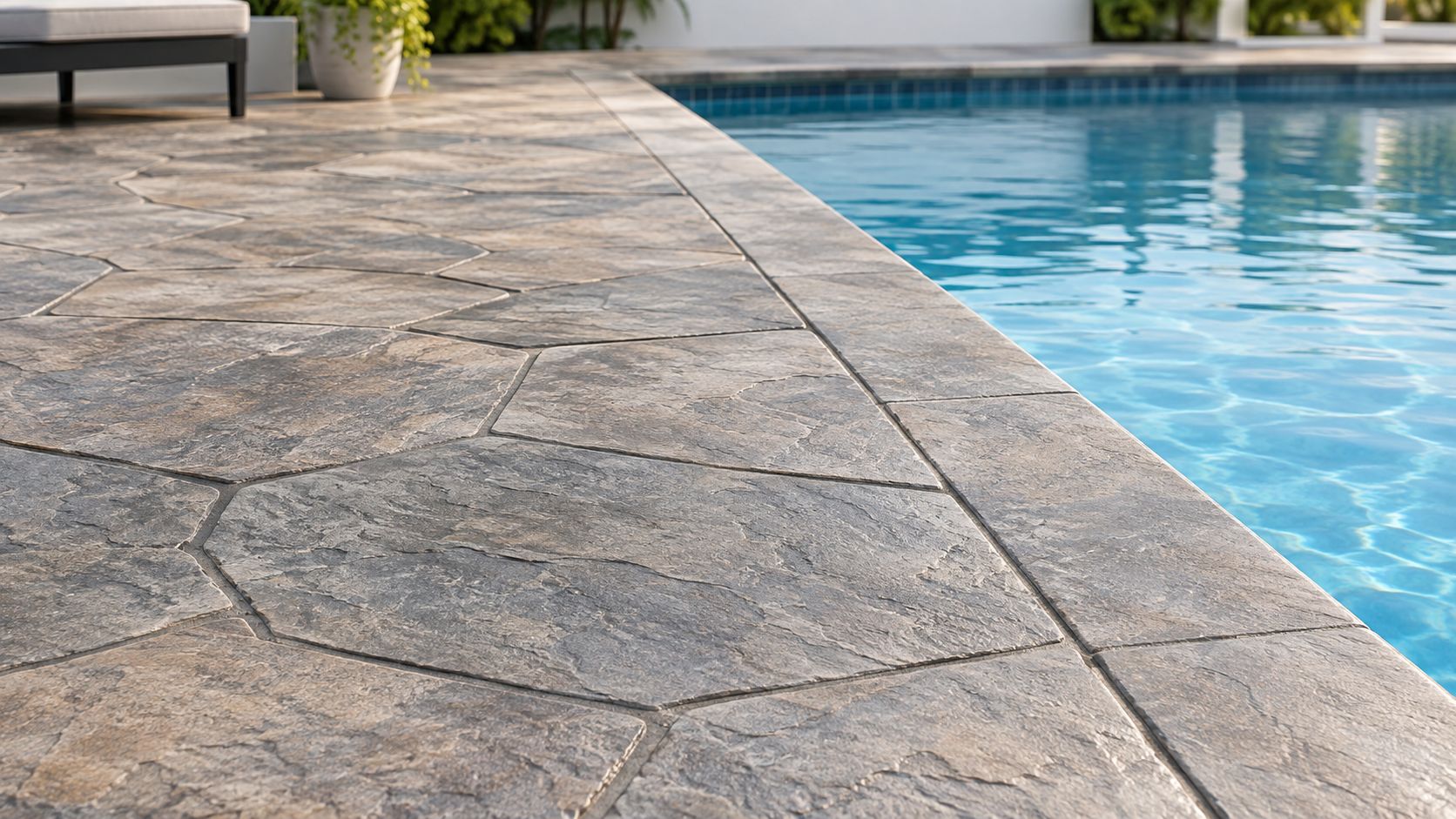 A close-up view of a stylish textured concrete pool deck beside a sparkling blue swimming pool.