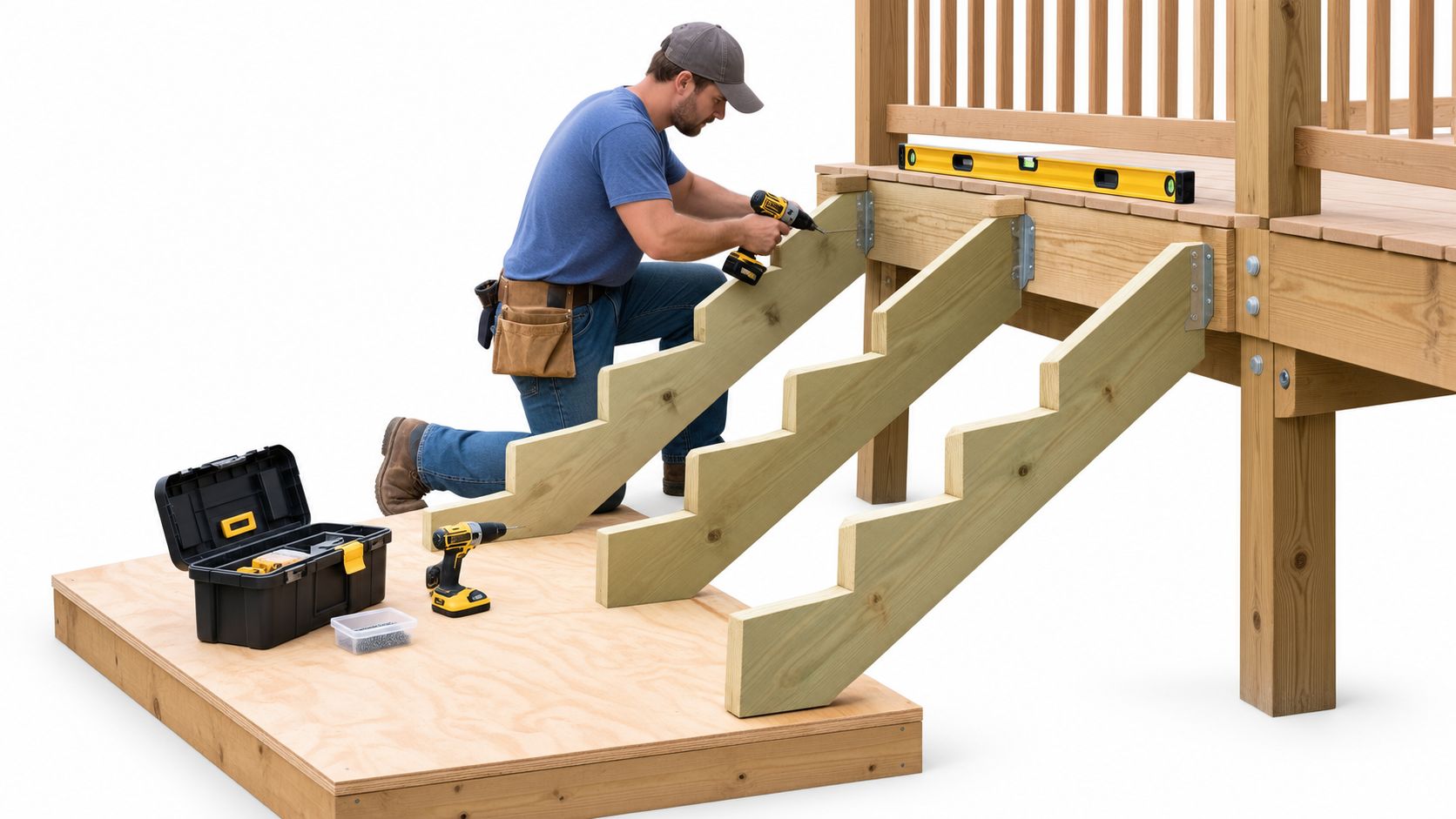 A carpenter kneeling on a wooden platform while attaching stair stringers to a deck using a power drill.