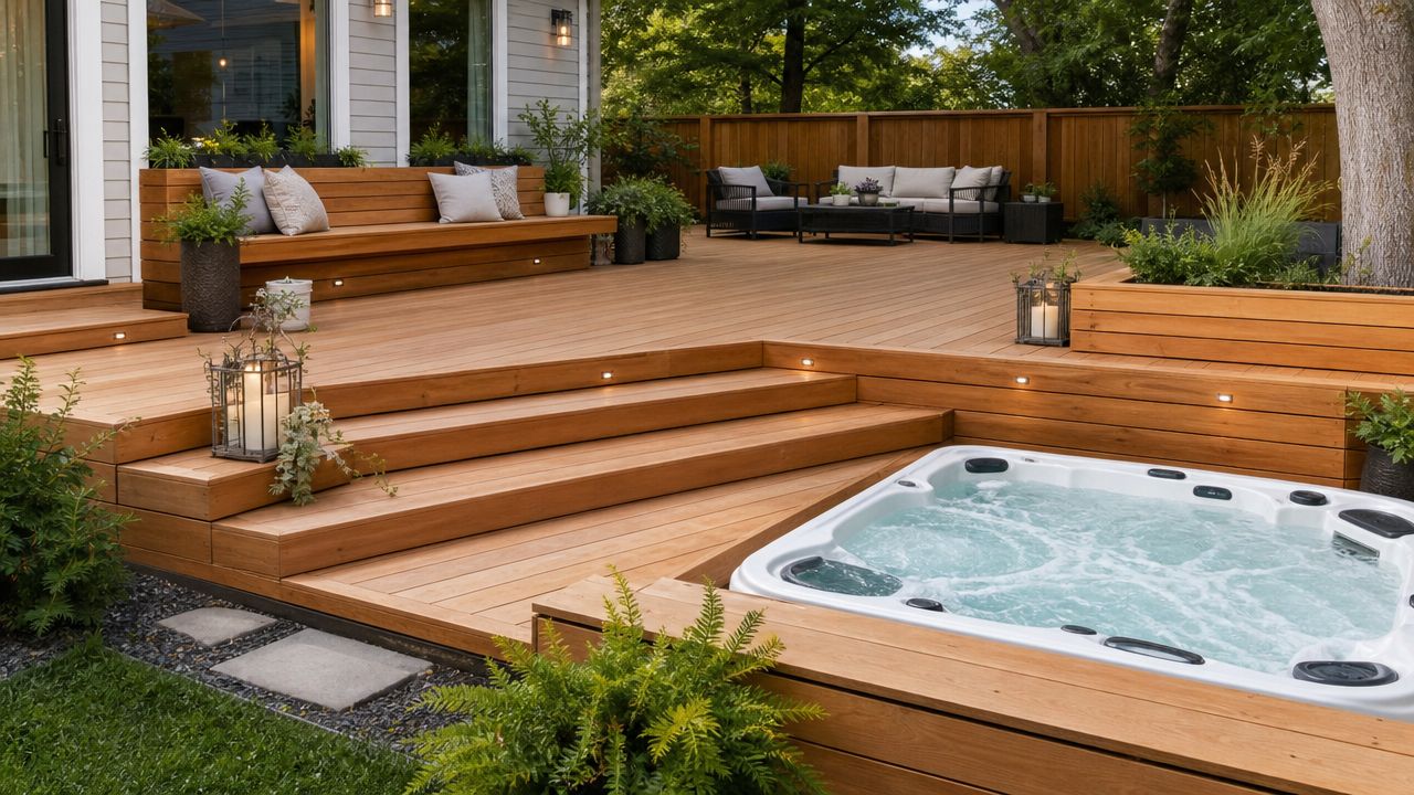 A luxurious wooden backyard deck featuring a built-in hot tub, comfortable seating area, and integrated lighting.