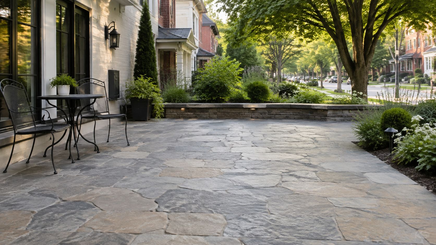 A beautiful stone patio featuring a small bistro table and chairs outside a brick house in spring.