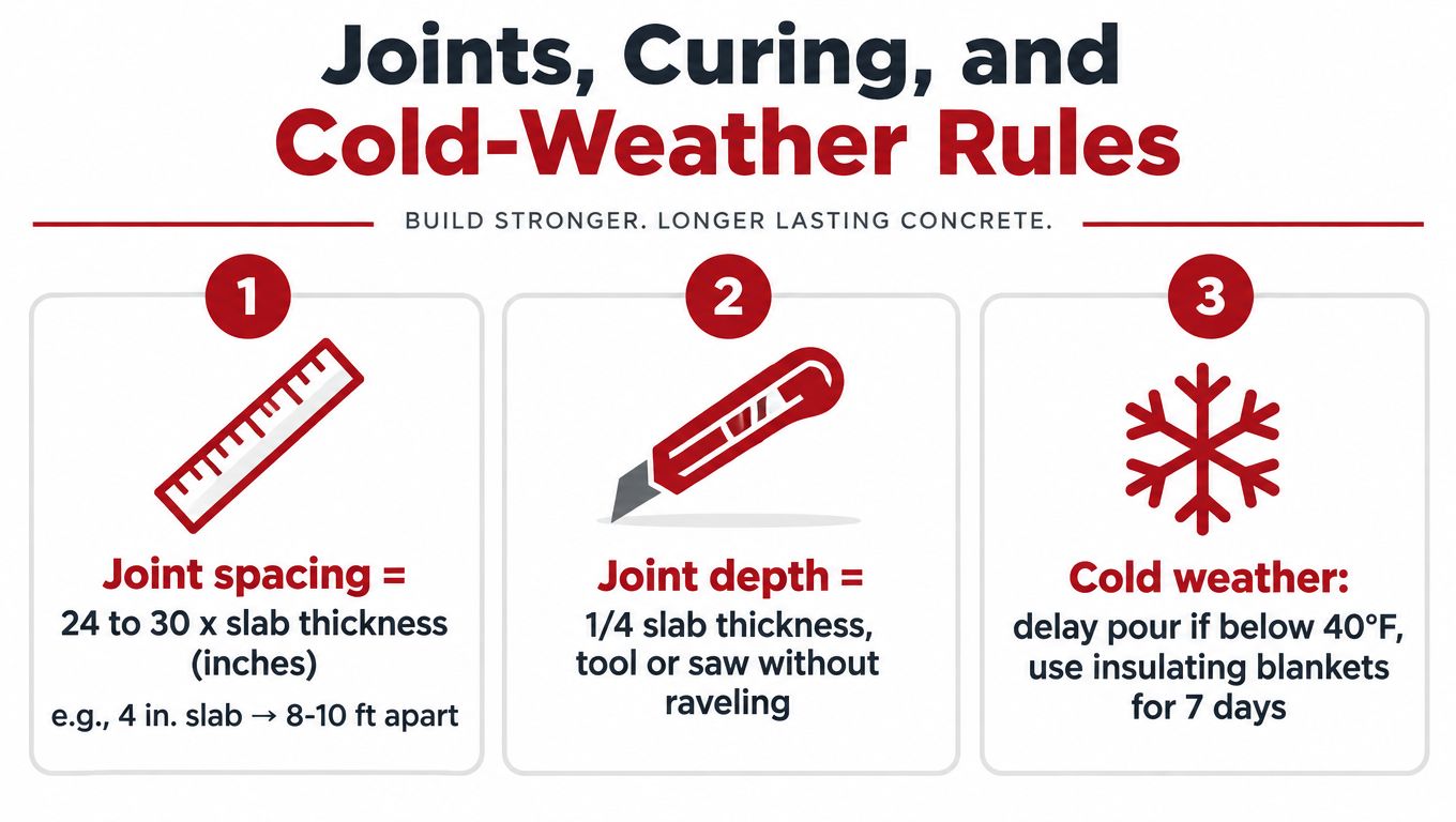 An infographic detailing essential rules for concrete joint spacing, joint depth, and cold-weather construction practices.