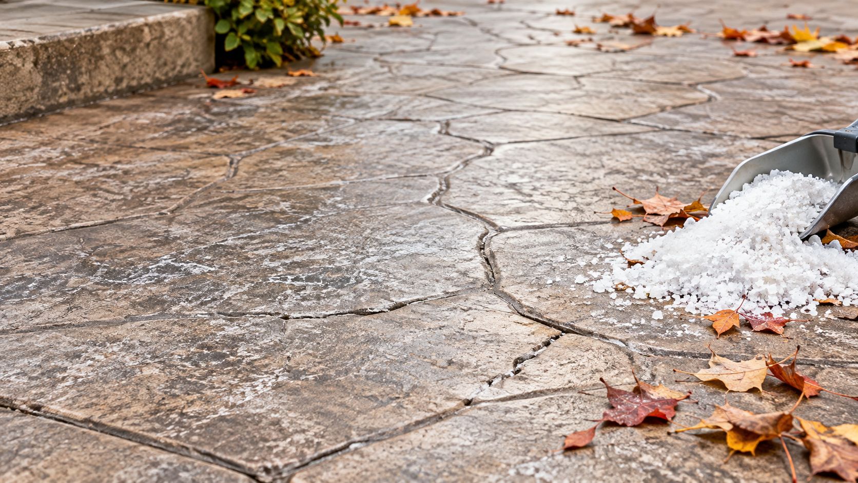 A close-up view of ice melt being spread on a stamped concrete patio during autumn