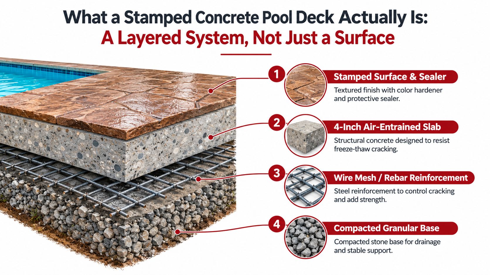 A diagram illustrating the four layered construction components of a stamped concrete pool deck cross-section.