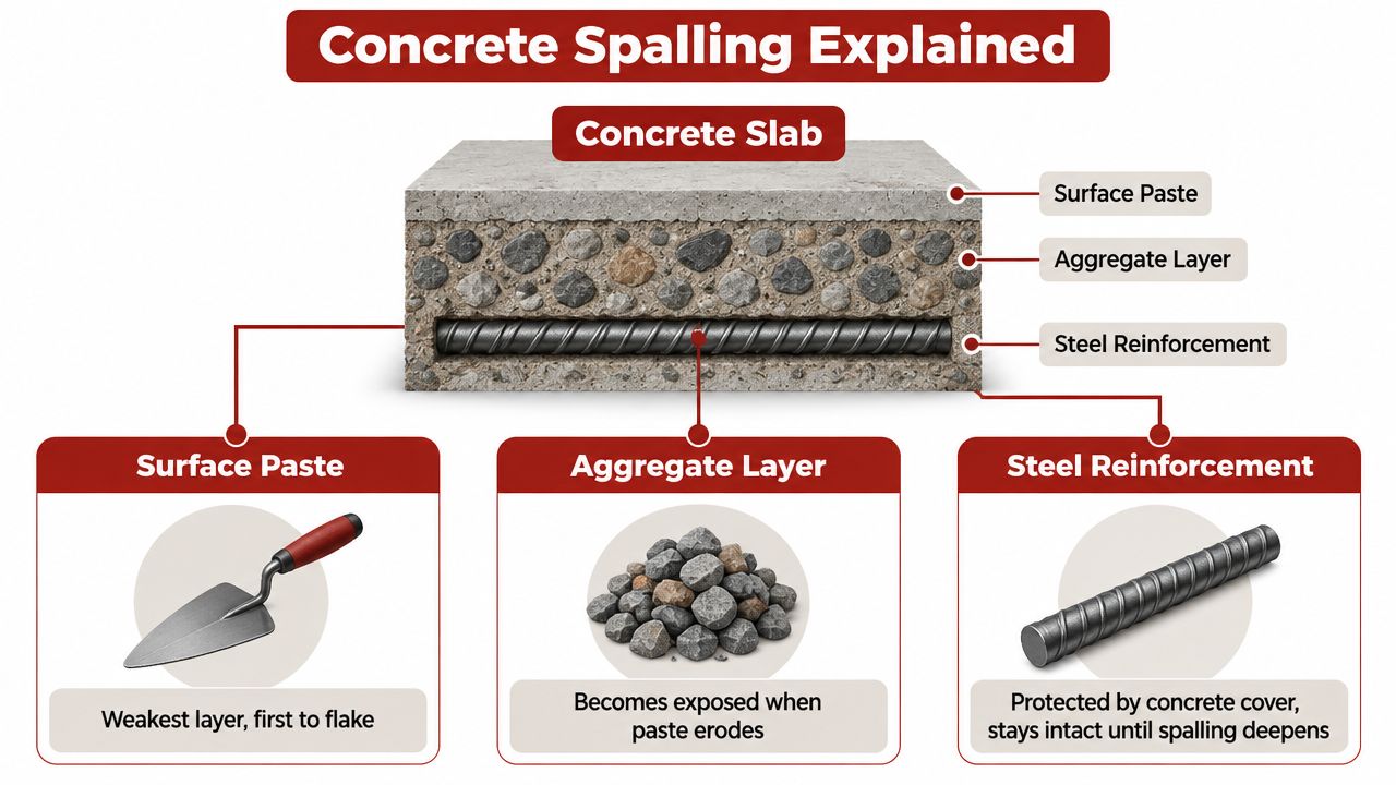 A diagram explaining concrete spalling showing the surface paste, aggregate layer, and steel reinforcement components.