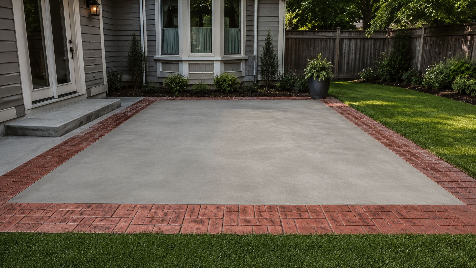 A modern concrete patio featuring a decorative brick border set in a lush residential backyard garden.