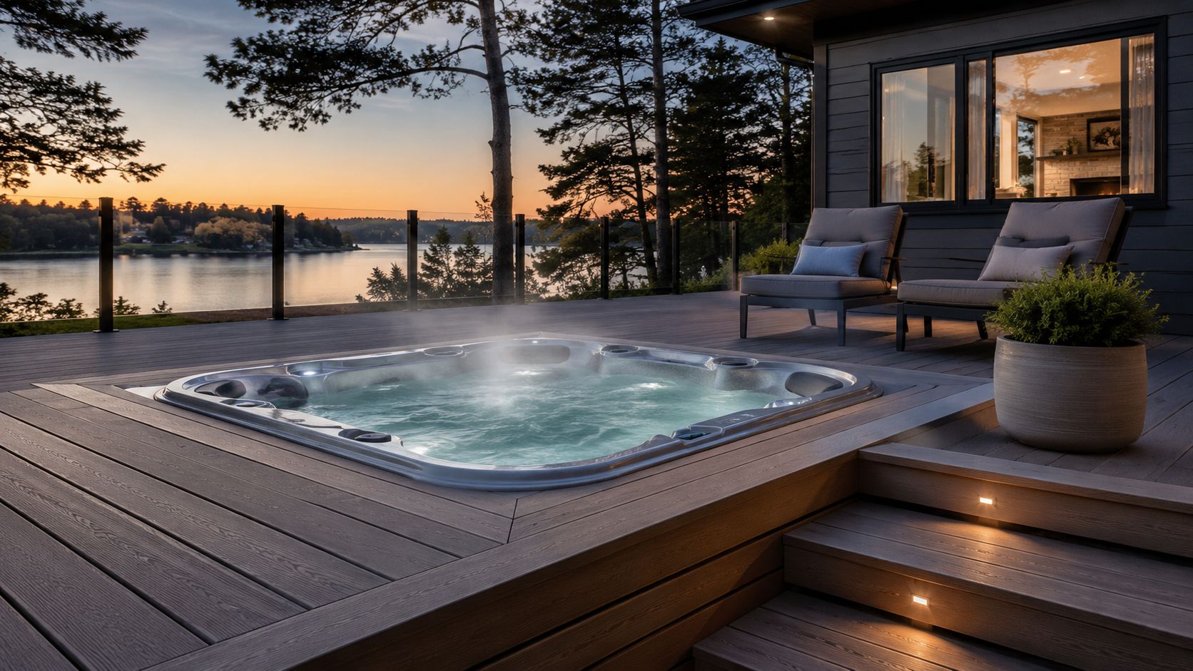A modern composite deck featuring a built-in hot tub, comfortable lounge chairs, and stunning sunset lakeside views.