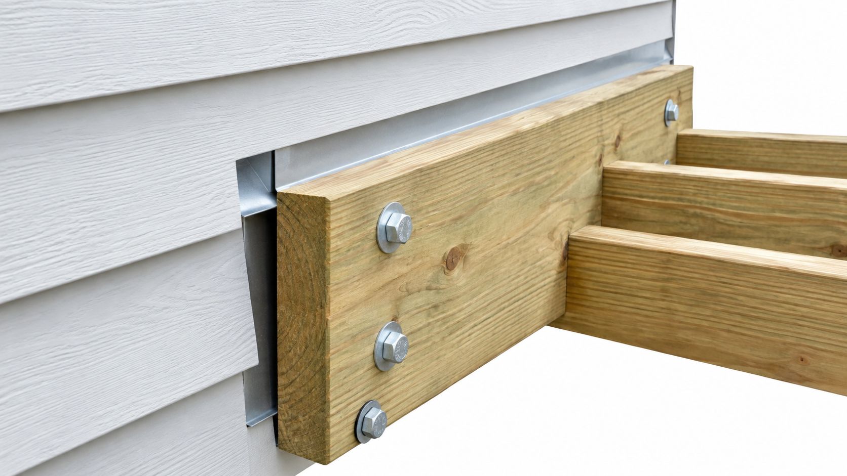 A close up view of a wooden deck ledger board attached securely to a house siding exterior.
