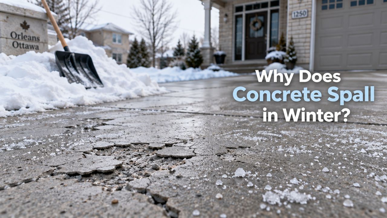 A close-up view of spalling concrete on a driveway during winter with snow and ice present.