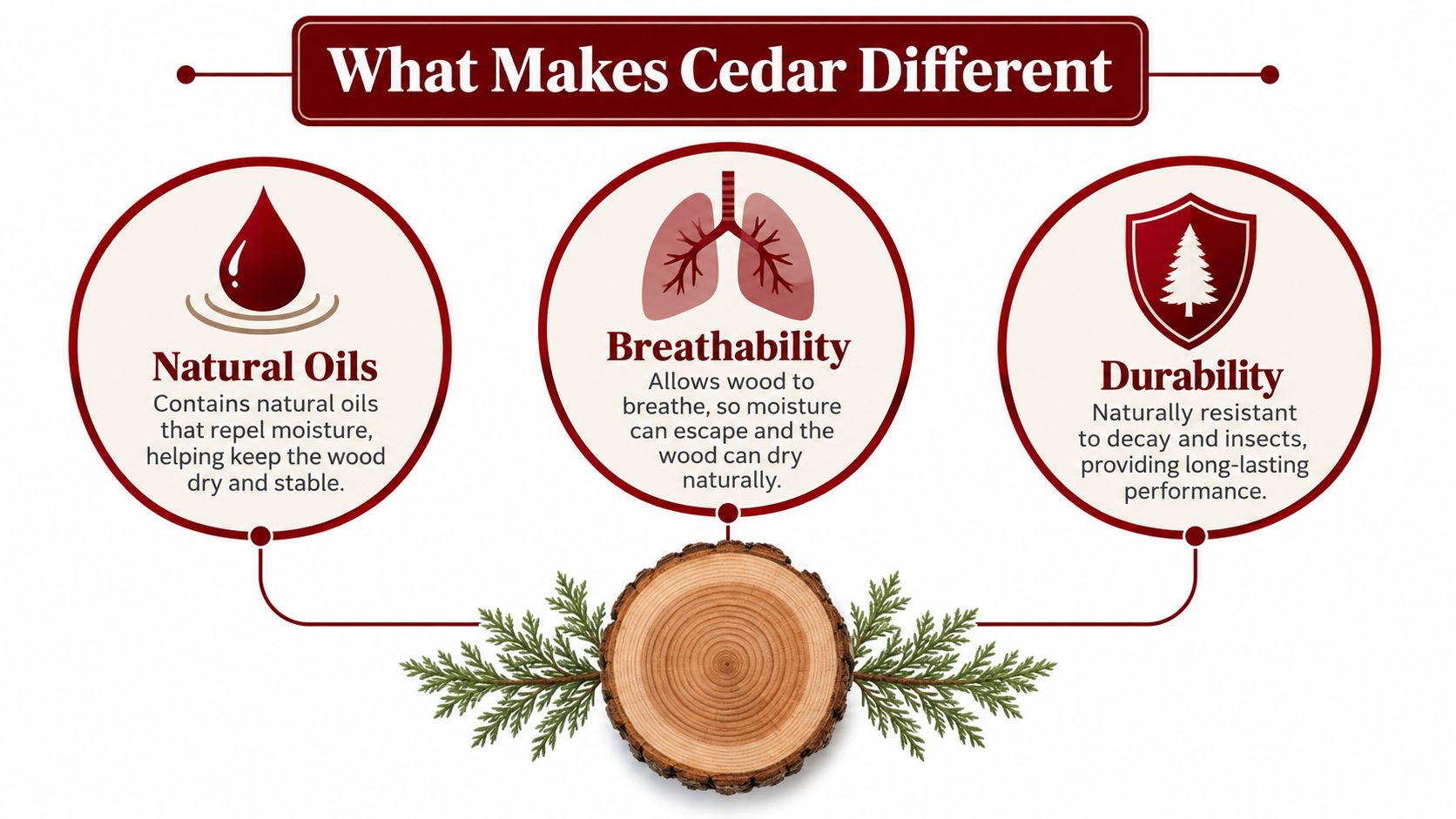 An infographic highlighting the benefits of cedar wood, including natural oils, breathability, and long-lasting durability.