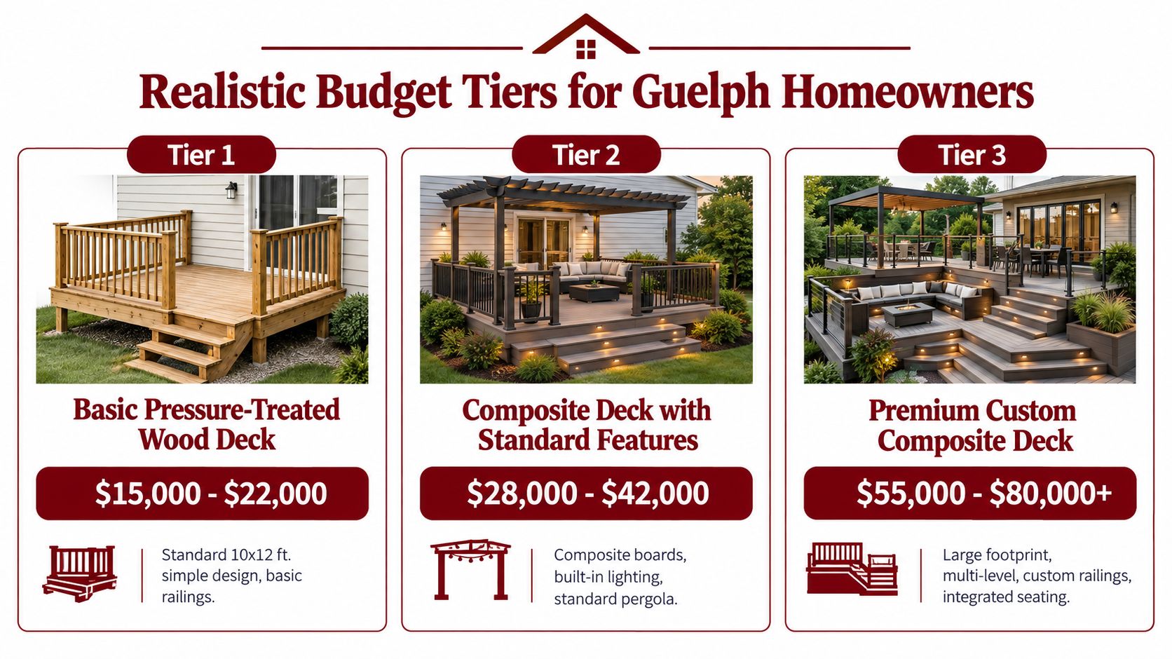 A graphic showing three budget tiers for residential deck installation projects in Guelph with price ranges.