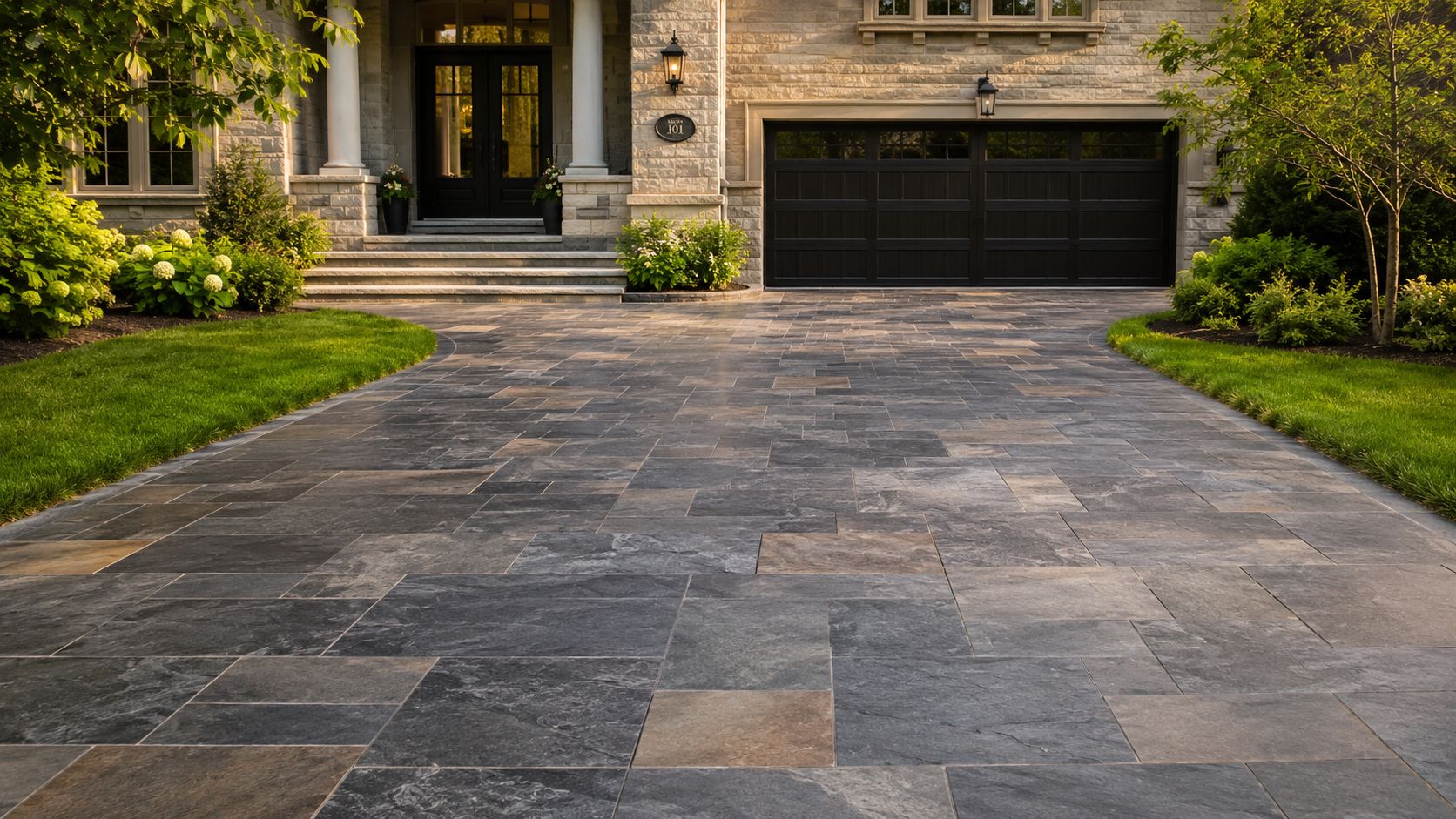 Modern luxury home driveway paved with elegant, dark-toned natural stone tiles and landscaped garden borders.