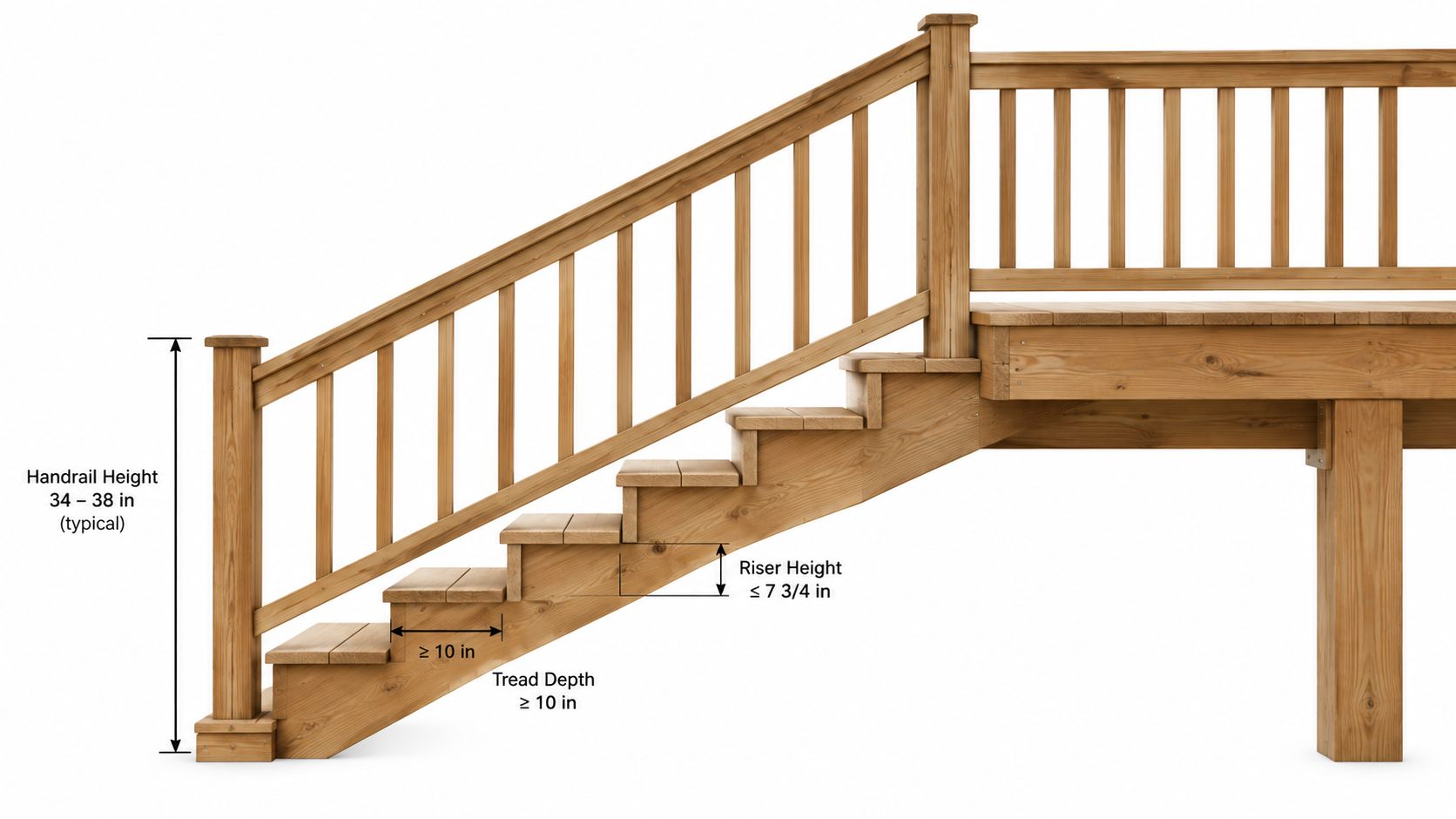 A diagram illustrating standard building code measurements for a wooden deck staircase including handrail, riser, and tread dimensions.