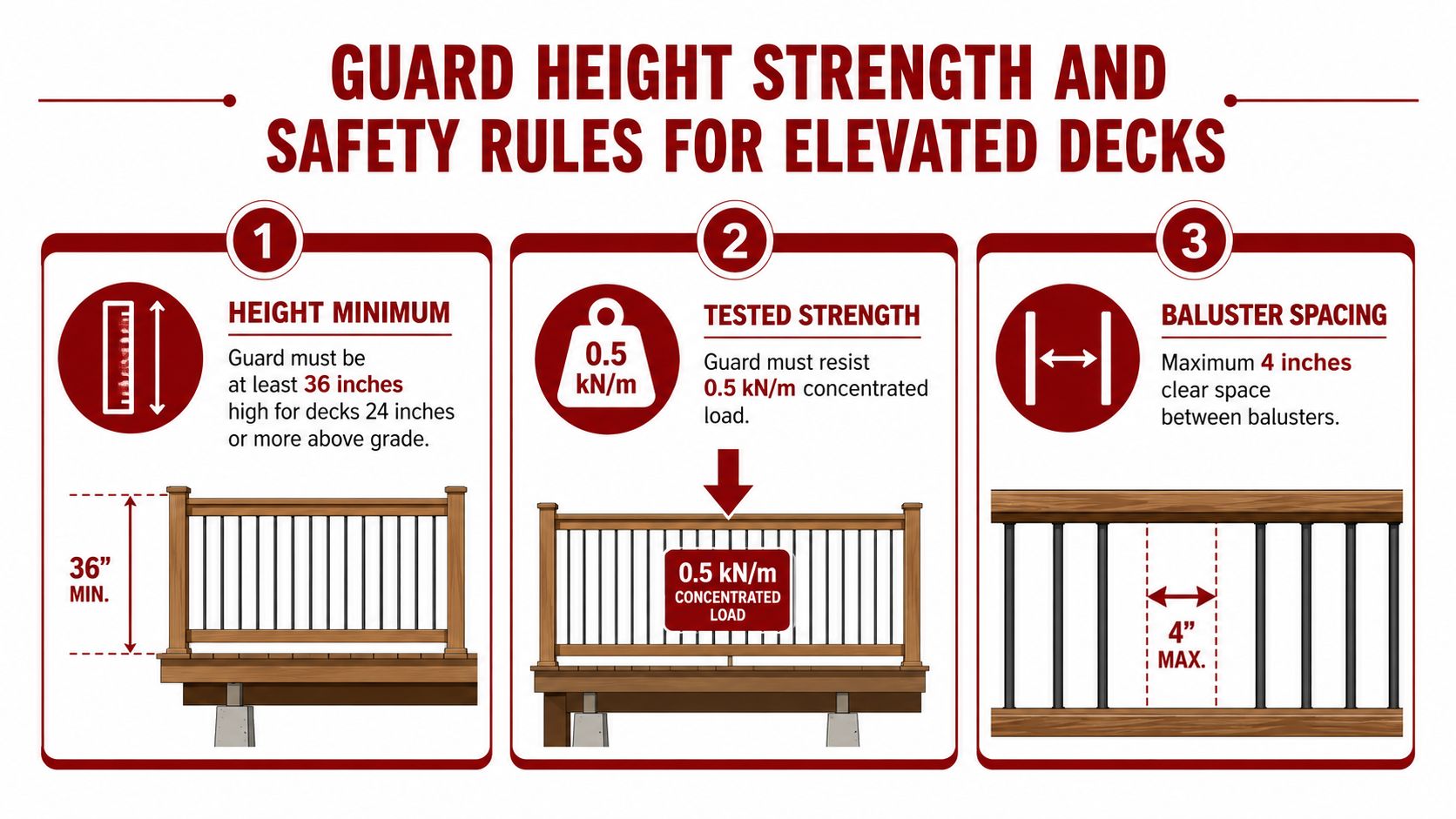 An infographic detailing safety regulations for deck guards including minimum height, strength, and baluster spacing requirements.