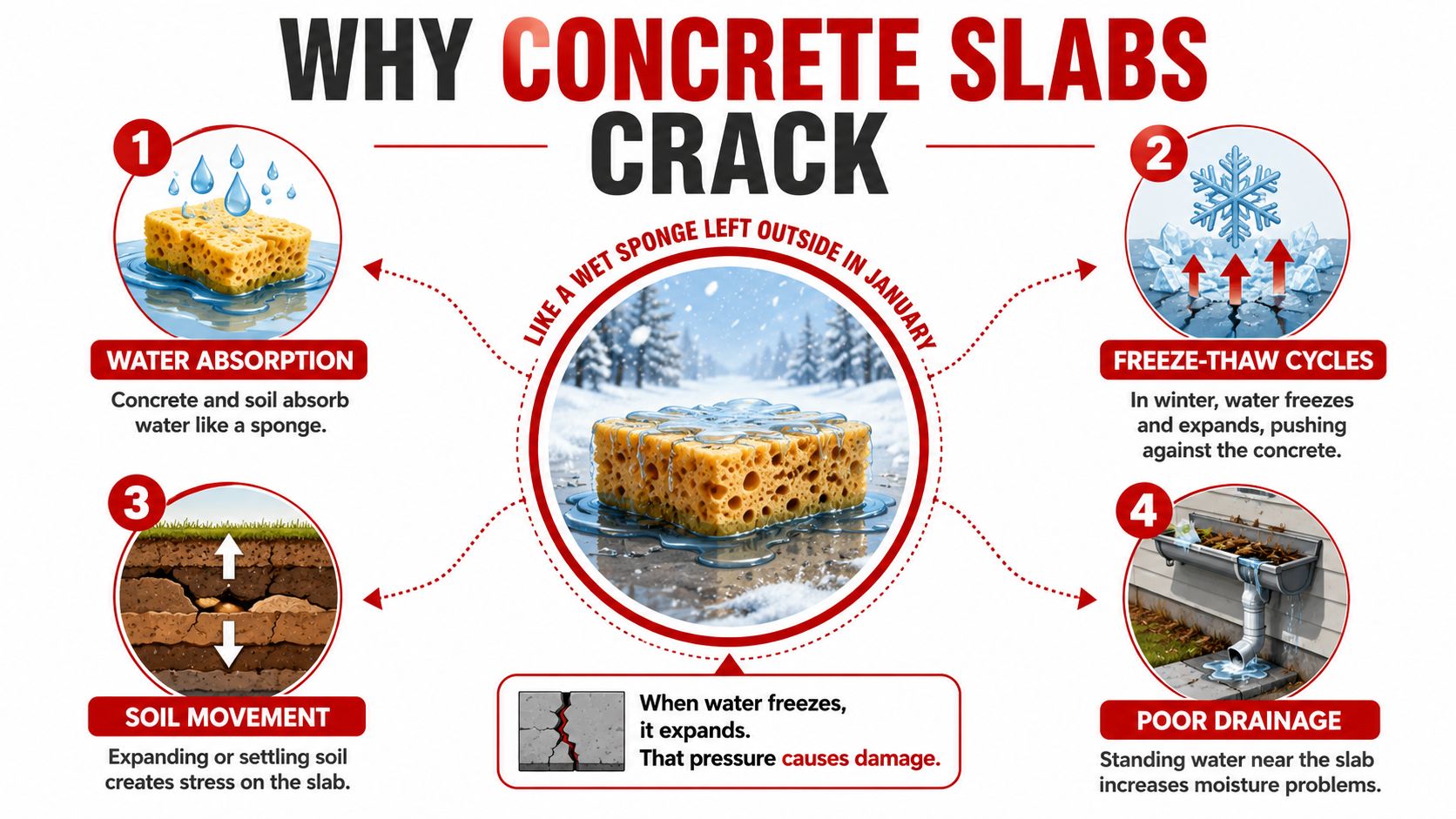 An infographic illustrating four main reasons why concrete slabs crack, including water absorption, freeze-thaw cycles, soil movement, and poor drainage.