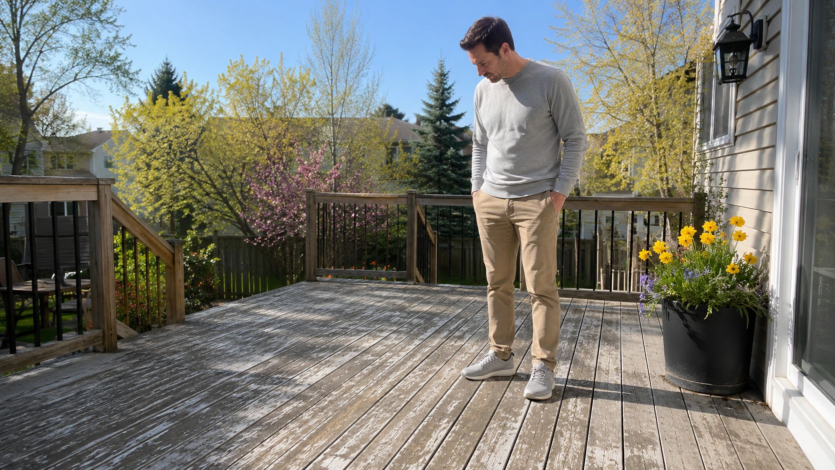 A man standing on a weathered wooden deck surface during a sunny spring day outdoors.