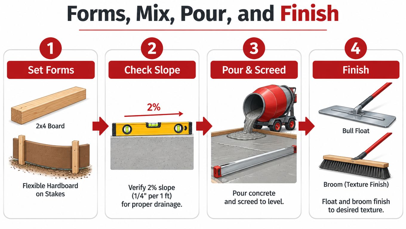 A four-step infographic illustrating the process of installing a concrete walkway, from setting forms to finishing.