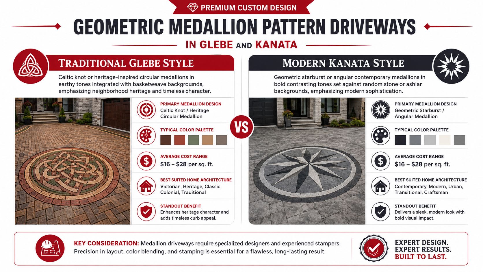 A comparison graphic showing traditional Celtic knot and modern starburst geometric medallions for stamped concrete driveways.