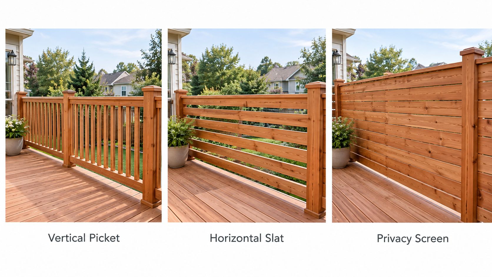 A side-by-side comparison of three different wooden cedar deck railing styles: vertical picket, horizontal slat, and privacy screen.
