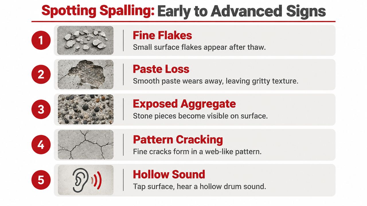 A diagram illustrating five progressive signs of concrete spalling, ranging from fine surface flakes to hollow sounds.