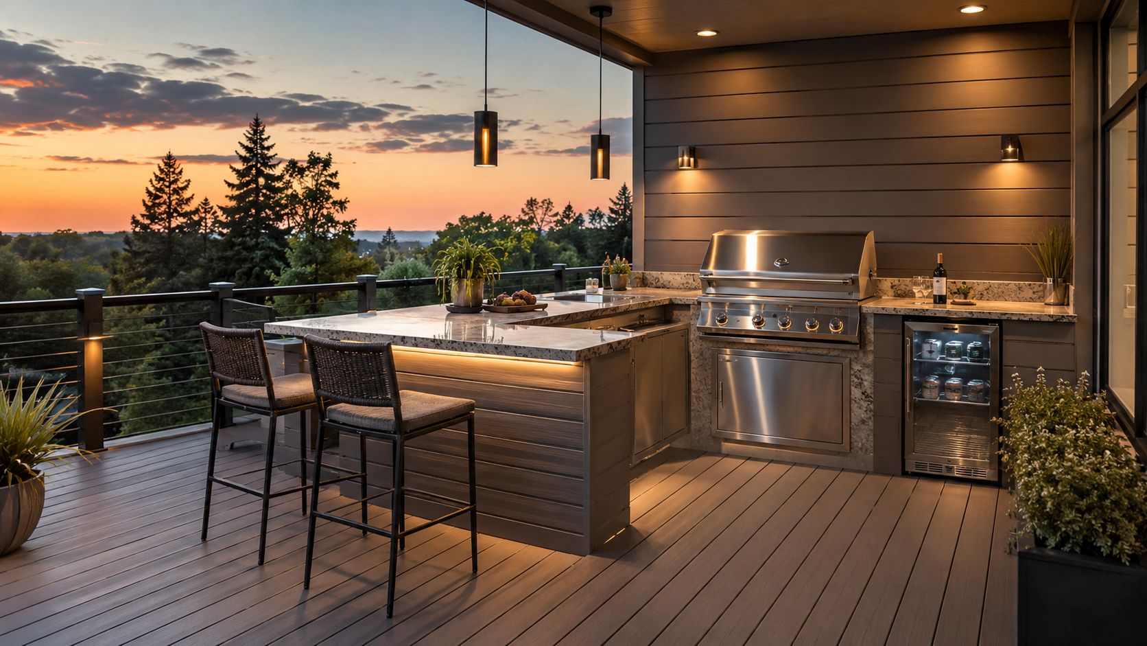 A modern outdoor deck kitchen at sunset with bar seating, a built-in grill, and beautiful landscape views.