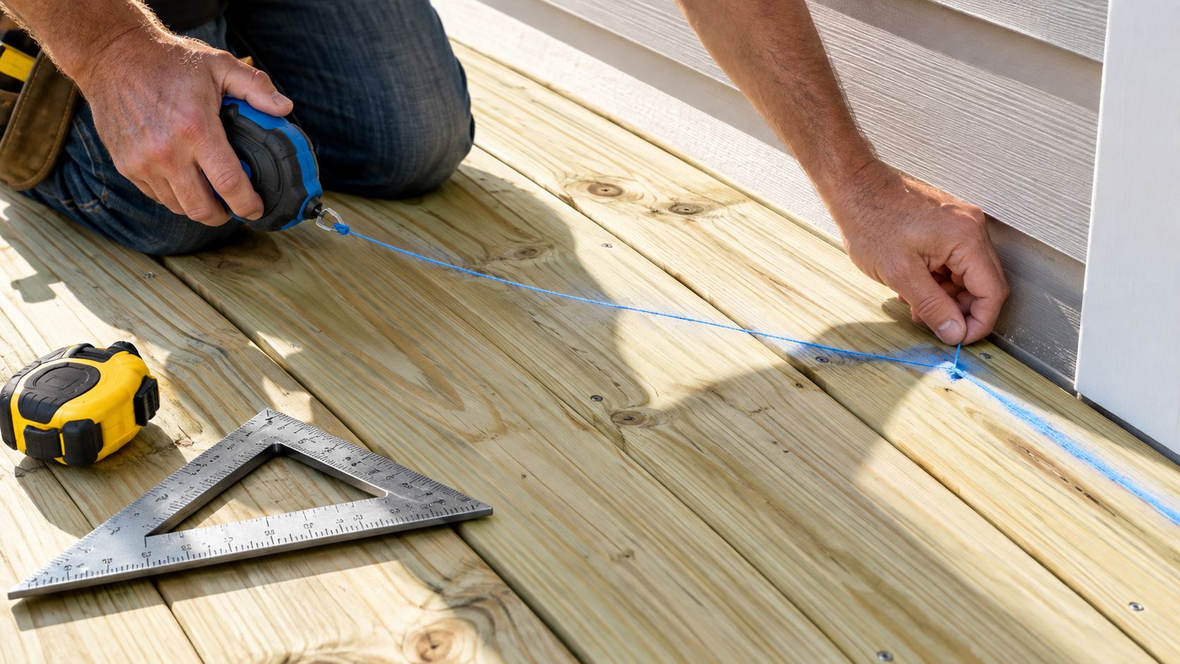 A carpenter kneeling on a wooden deck uses a chalk line tool to mark a straight guideline.