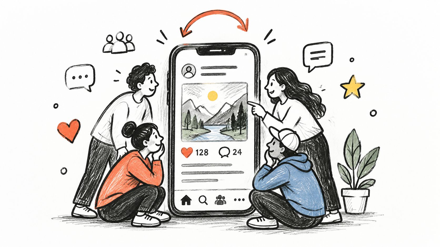 A hand-drawn illustration of four people gathering around a large smartphone displaying a social media post interface.