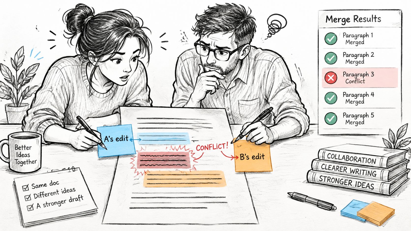 Two people working together on a document experiencing a merge conflict with indicated notes and results.