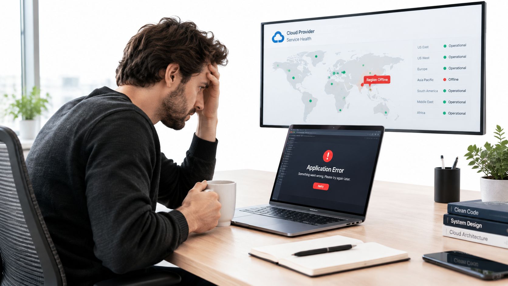 A stressed developer looking at a laptop and dashboard displaying a cloud service provider outage in Asia.