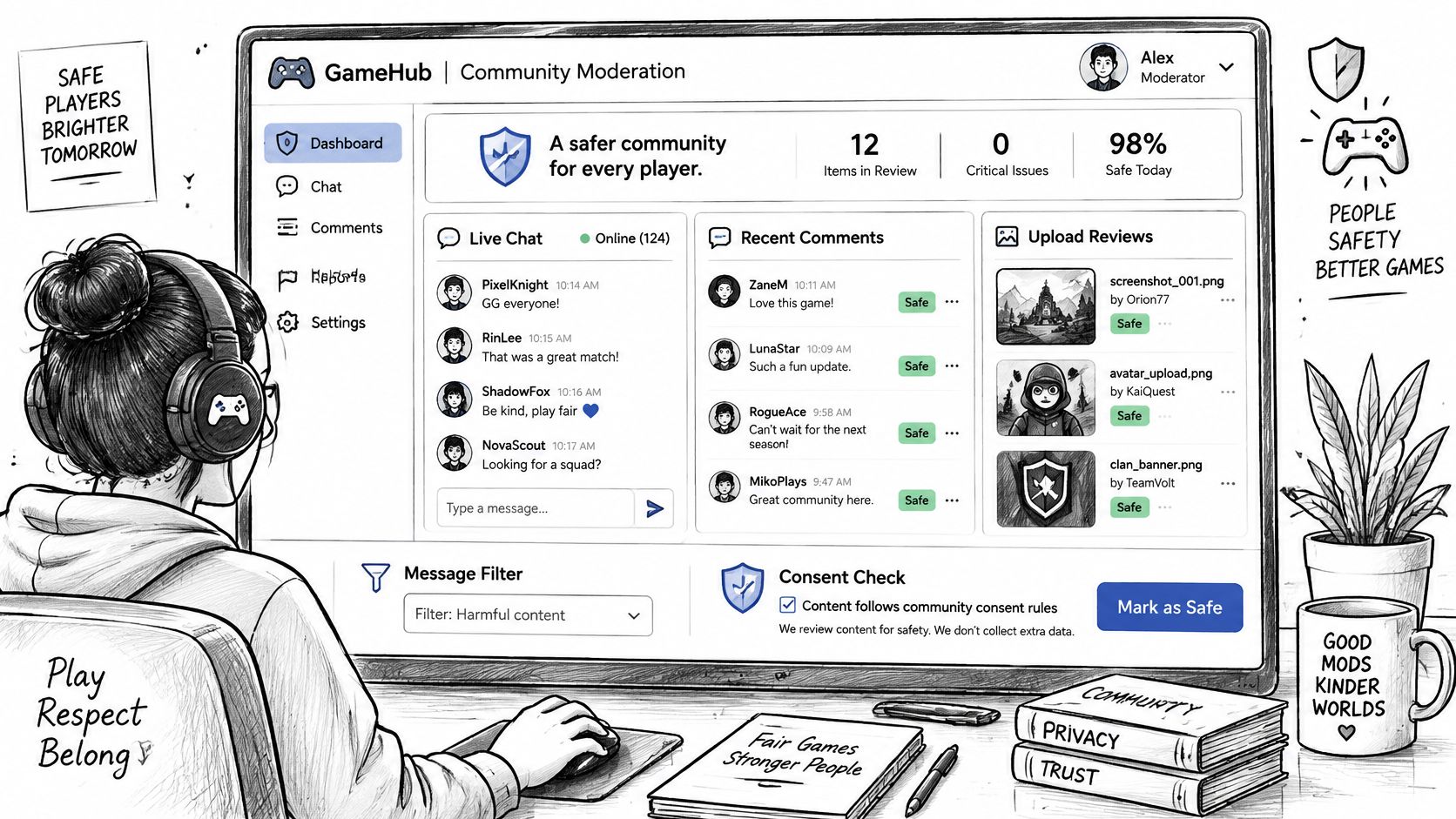 A digital illustration of a gamer moderating a gaming community website with safety dashboards on screen.