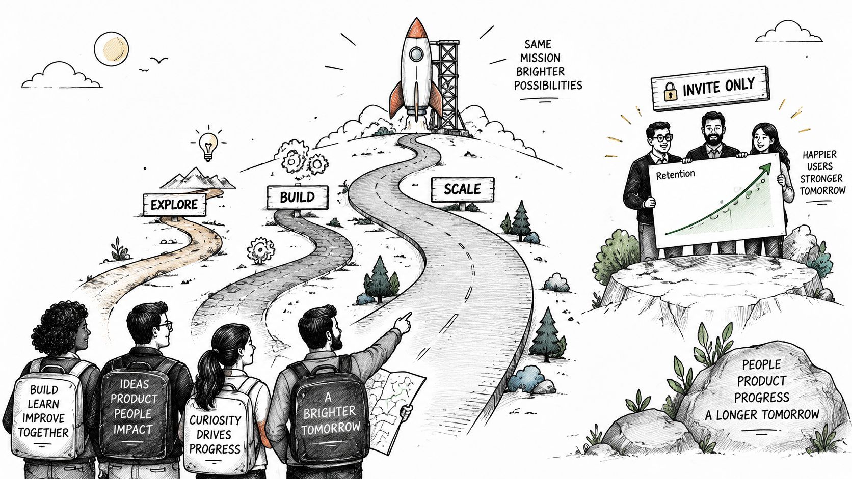 A team looking at a roadmap leading to a rocket, representing business growth, innovation, and product success.