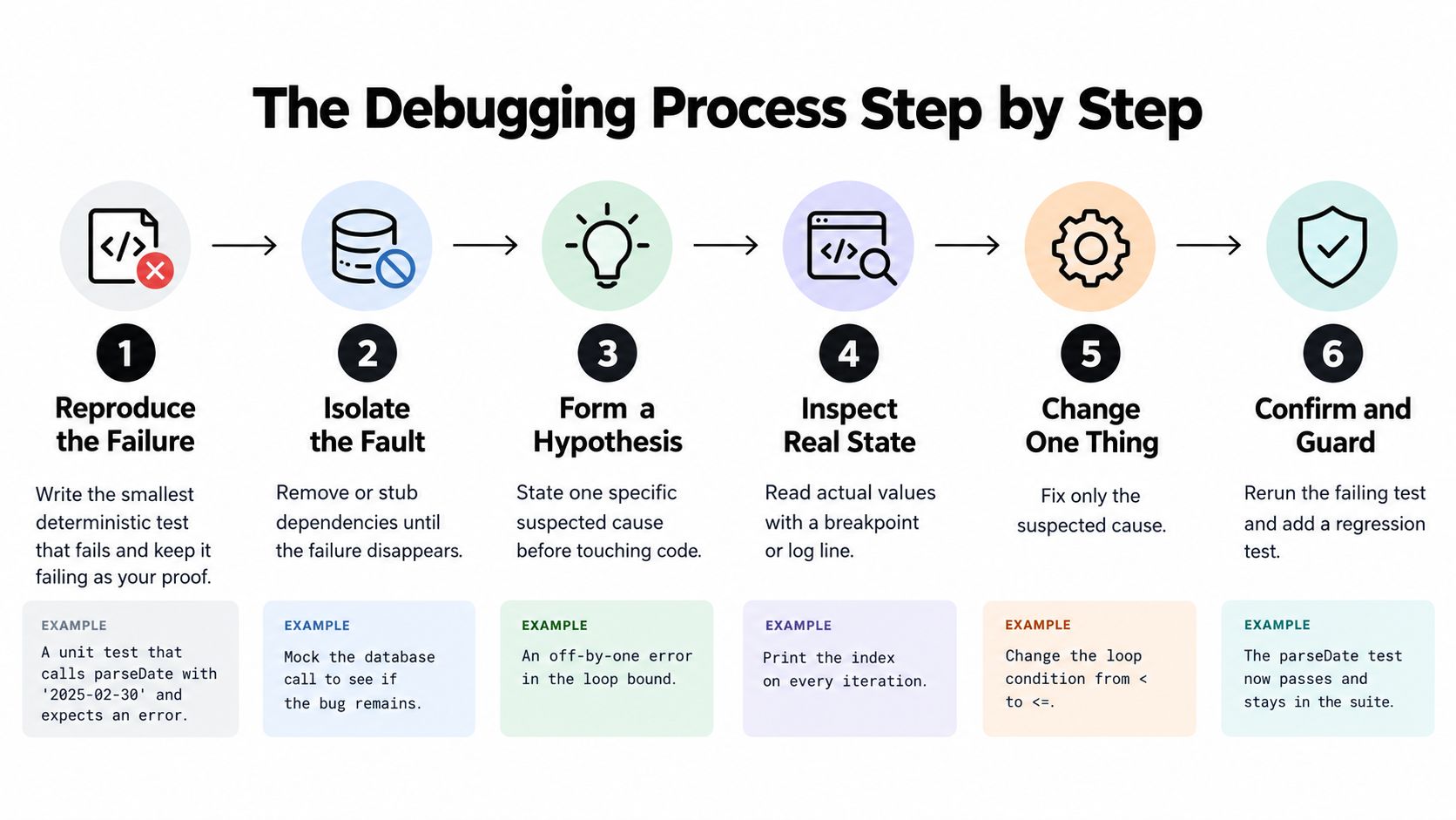 An infographic showing six sequential steps of the debugging process for software development in a clear diagram.