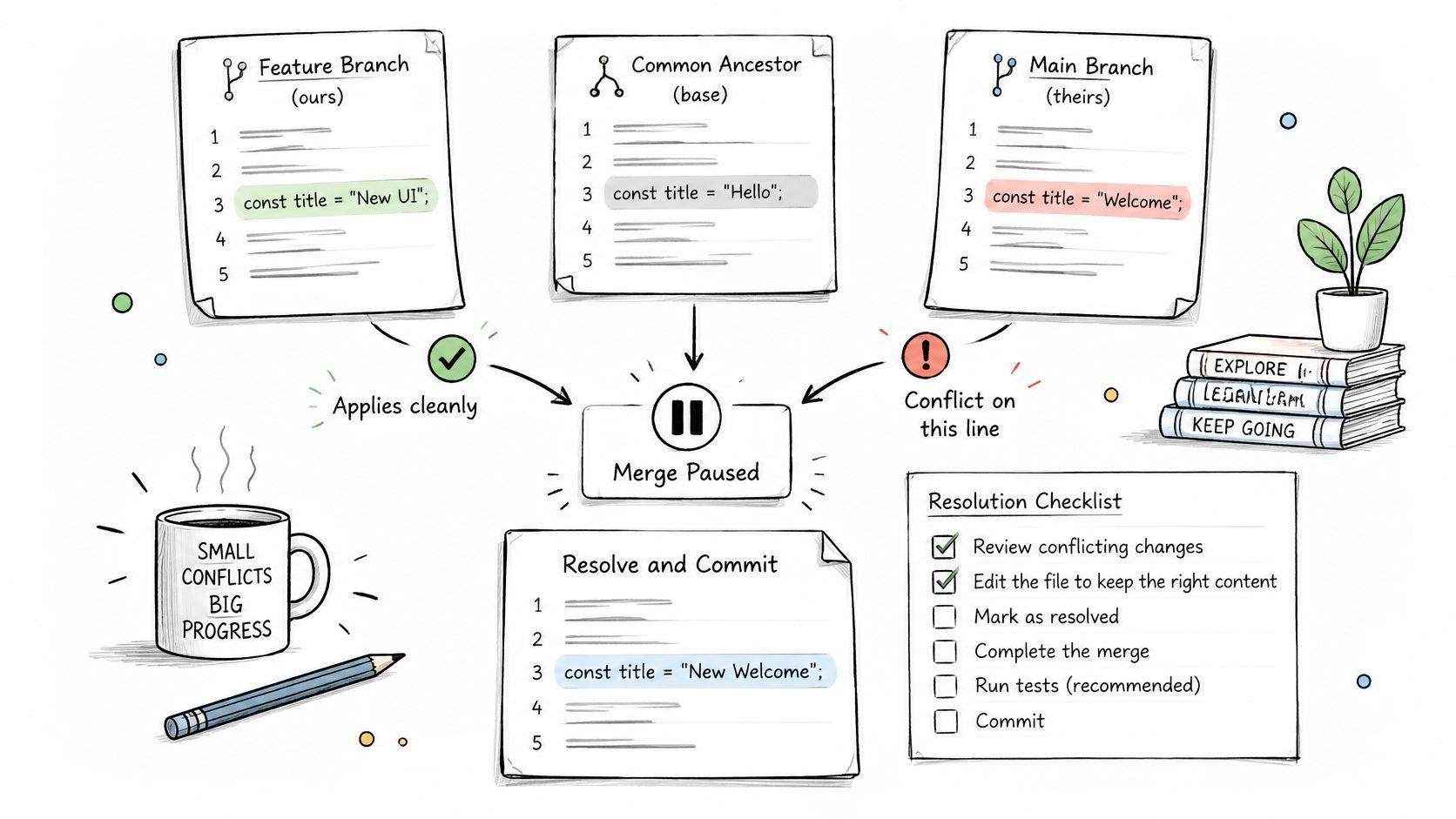 A diagram illustrating the git merge conflict resolution process, showing feature and main branch differences.
