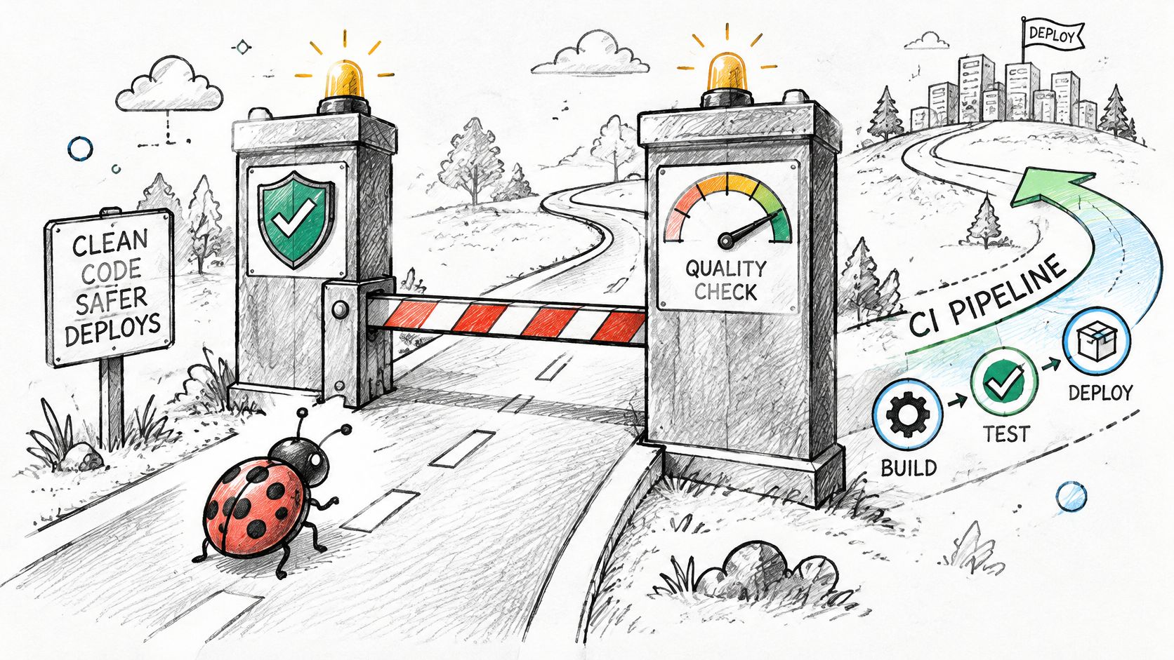 A hand-drawn illustration depicting a quality gate in a CI pipeline with a ladybug symbol.