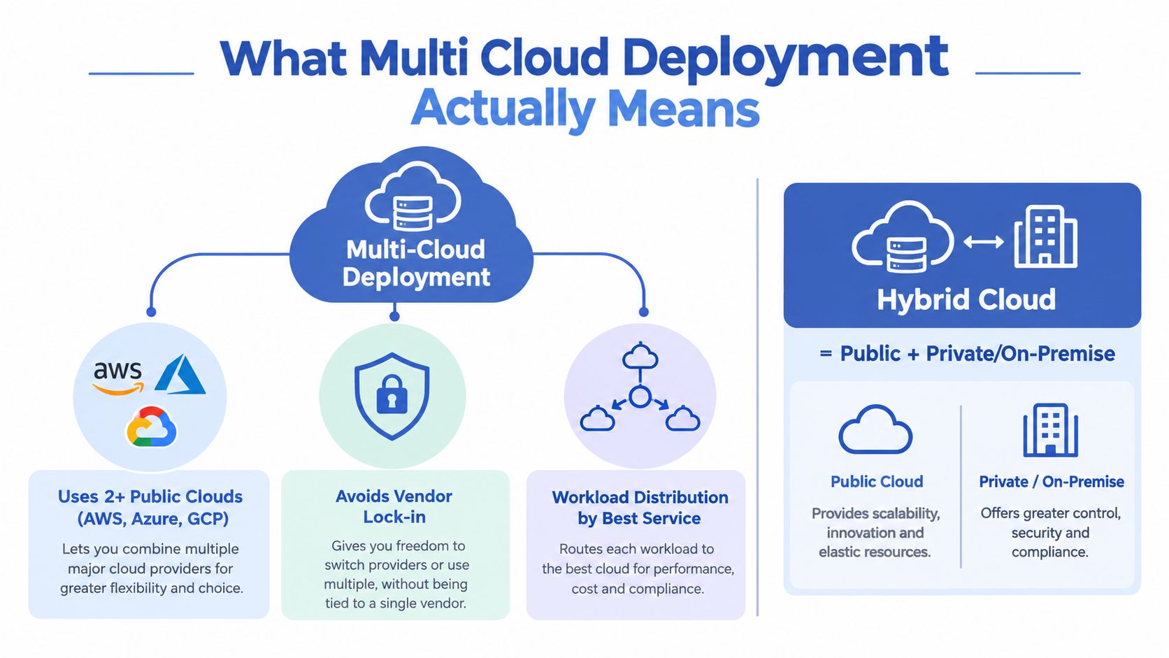 A diagram explaining multi-cloud deployment compared to hybrid cloud, illustrating service benefits and cloud provider integration.