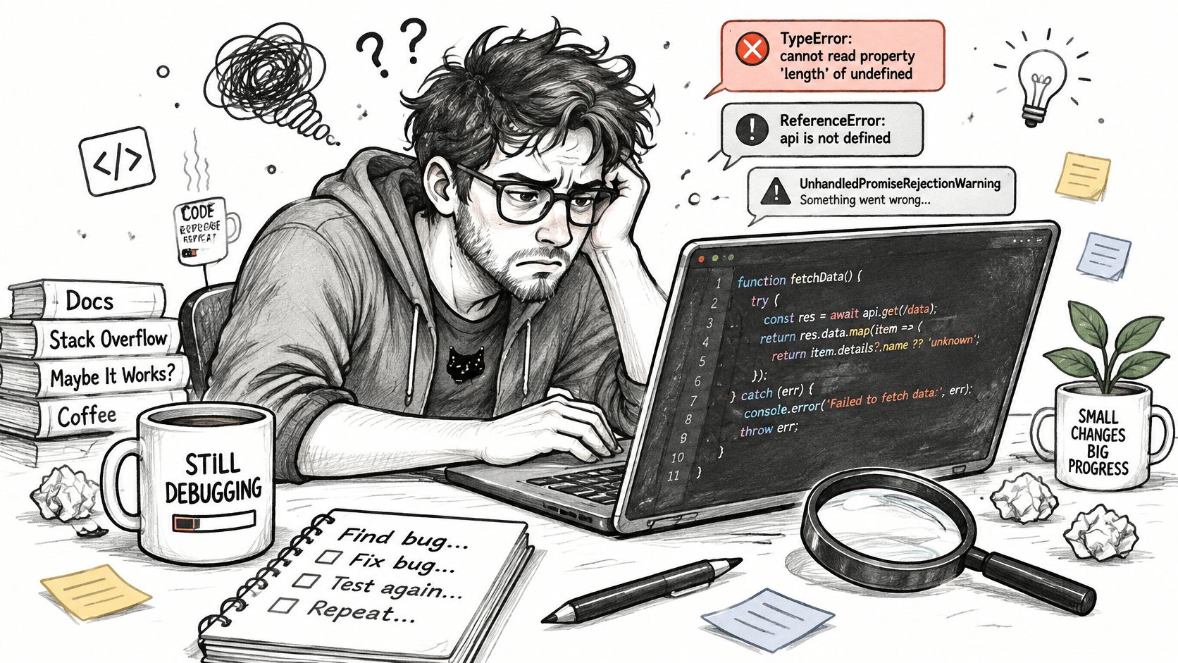 A tired programmer stares at a laptop screen filled with code errors while working at his messy desk.