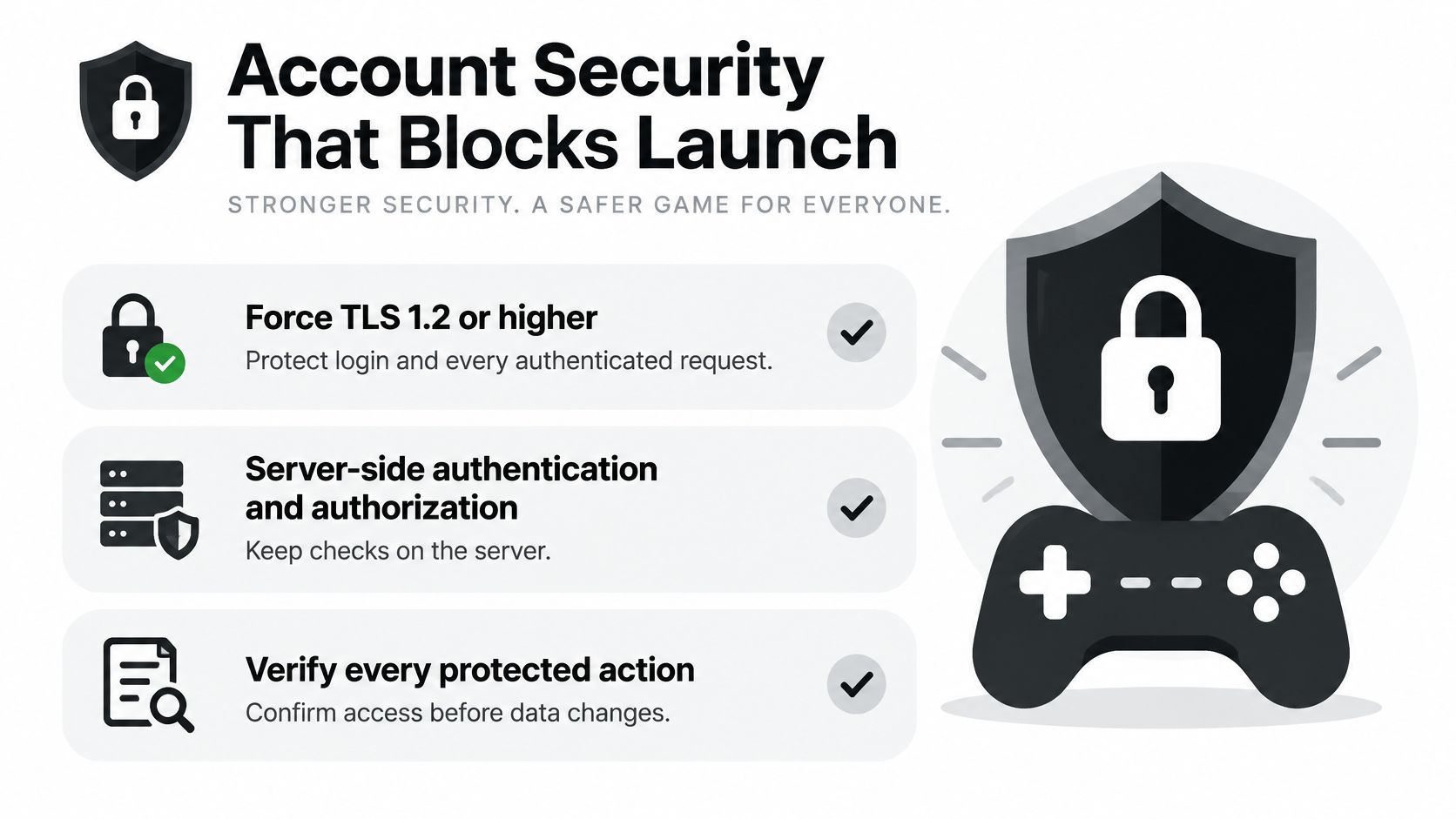 A security infographic explaining account protection measures like TLS, server-side authentication, and verifying protected actions for gamers.