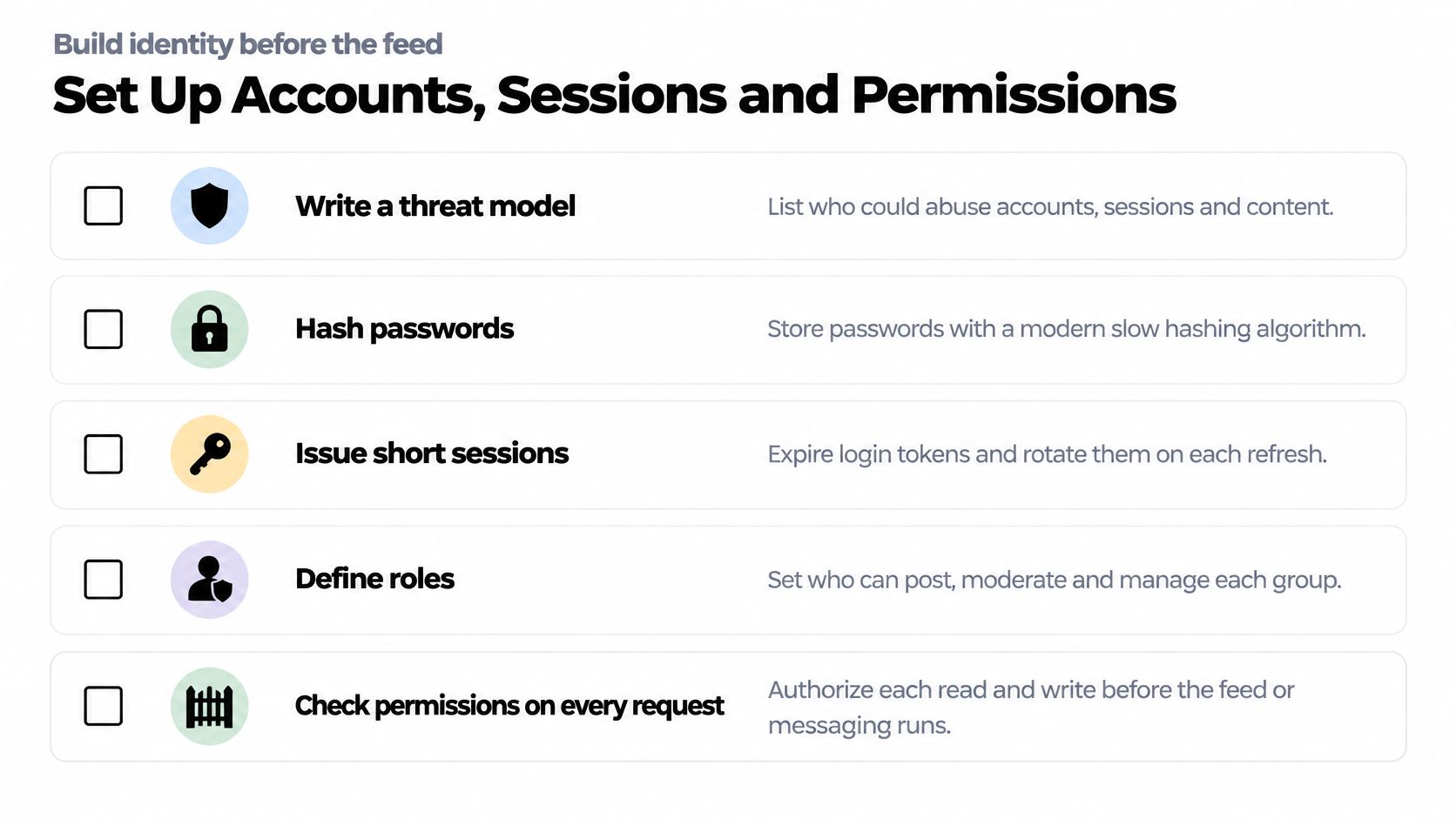A checklist outlining essential security steps for managing user accounts, sessions, and permissions in software development.