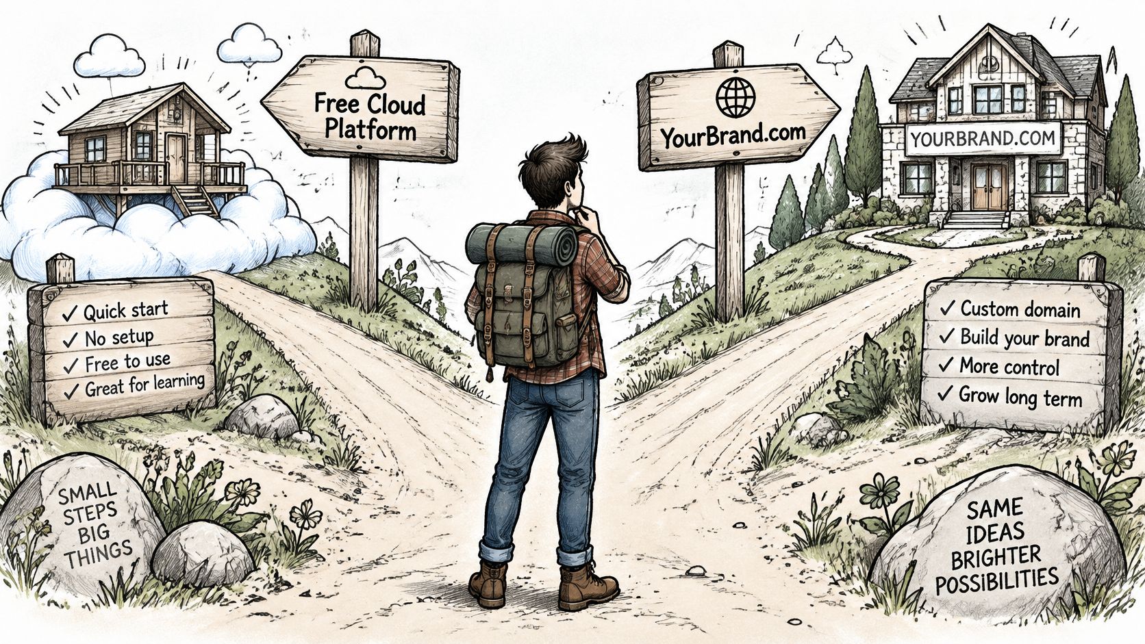 An illustration showing a traveler standing at a crossroads deciding between a free cloud platform or a custom domain brand website.