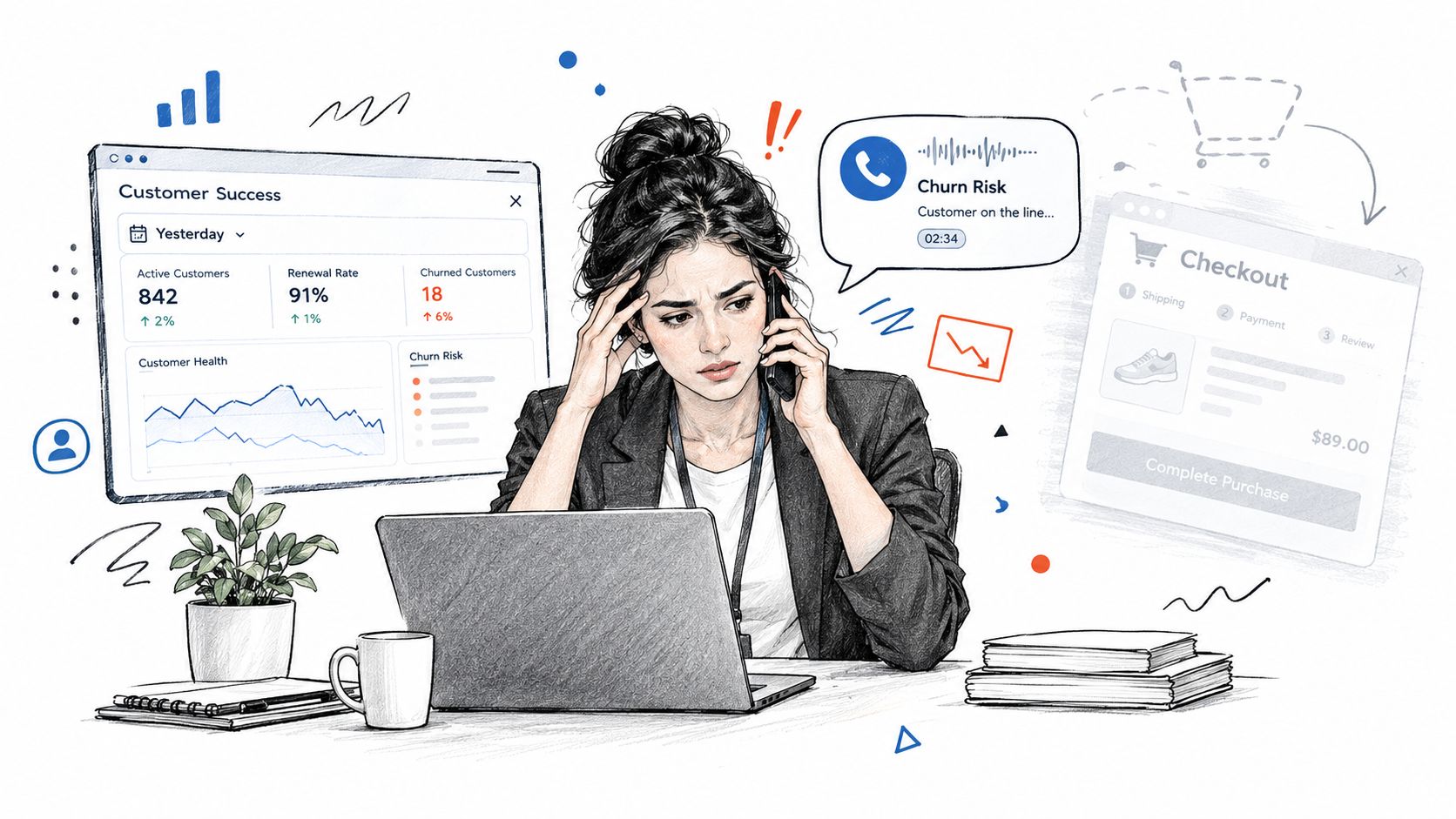 A stressed woman working at her desk with customer success analytics and checkout data displayed on screens.