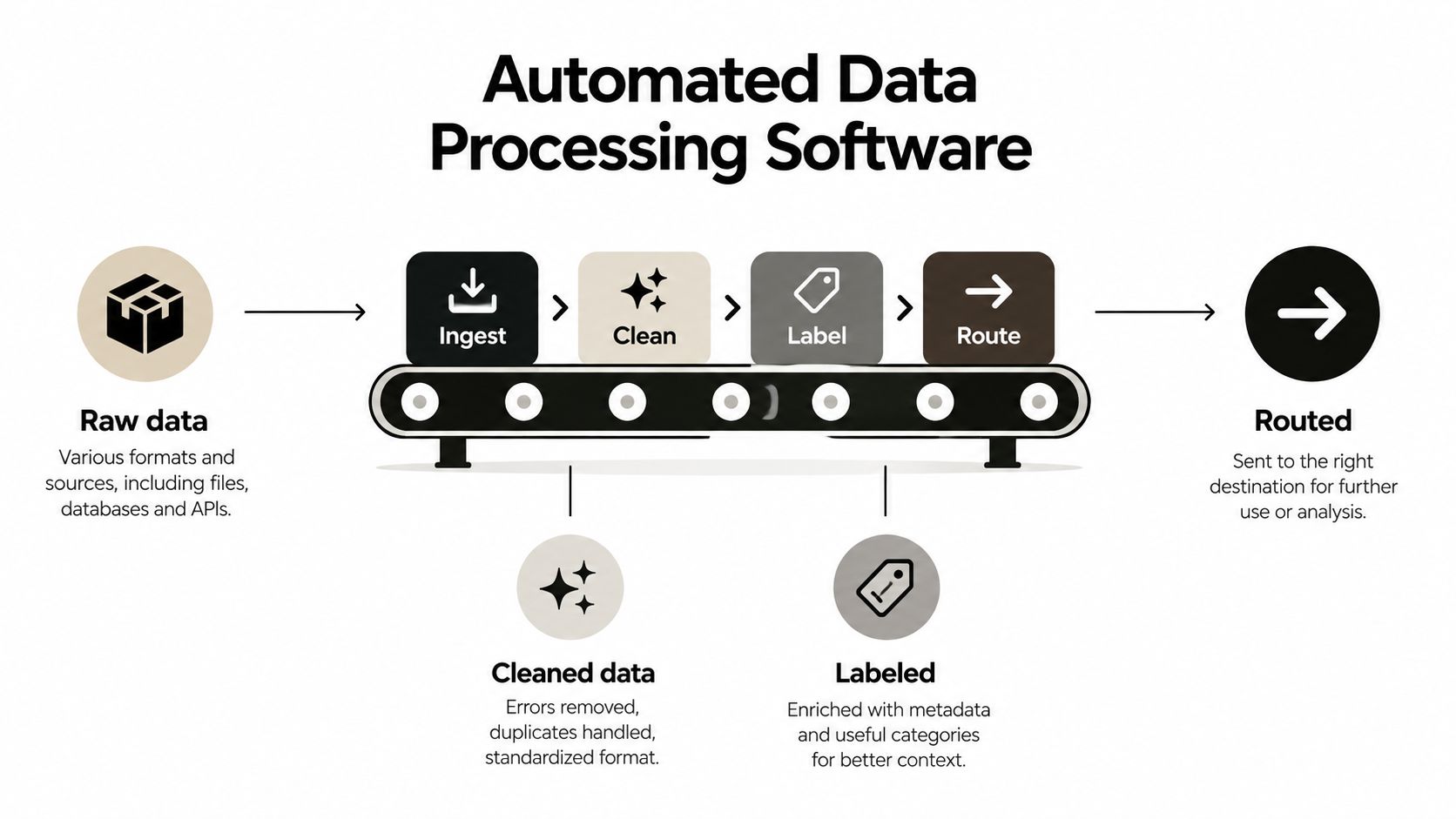 A diagram illustrating the automated data processing software workflow from ingestion to routing and final data analysis.
