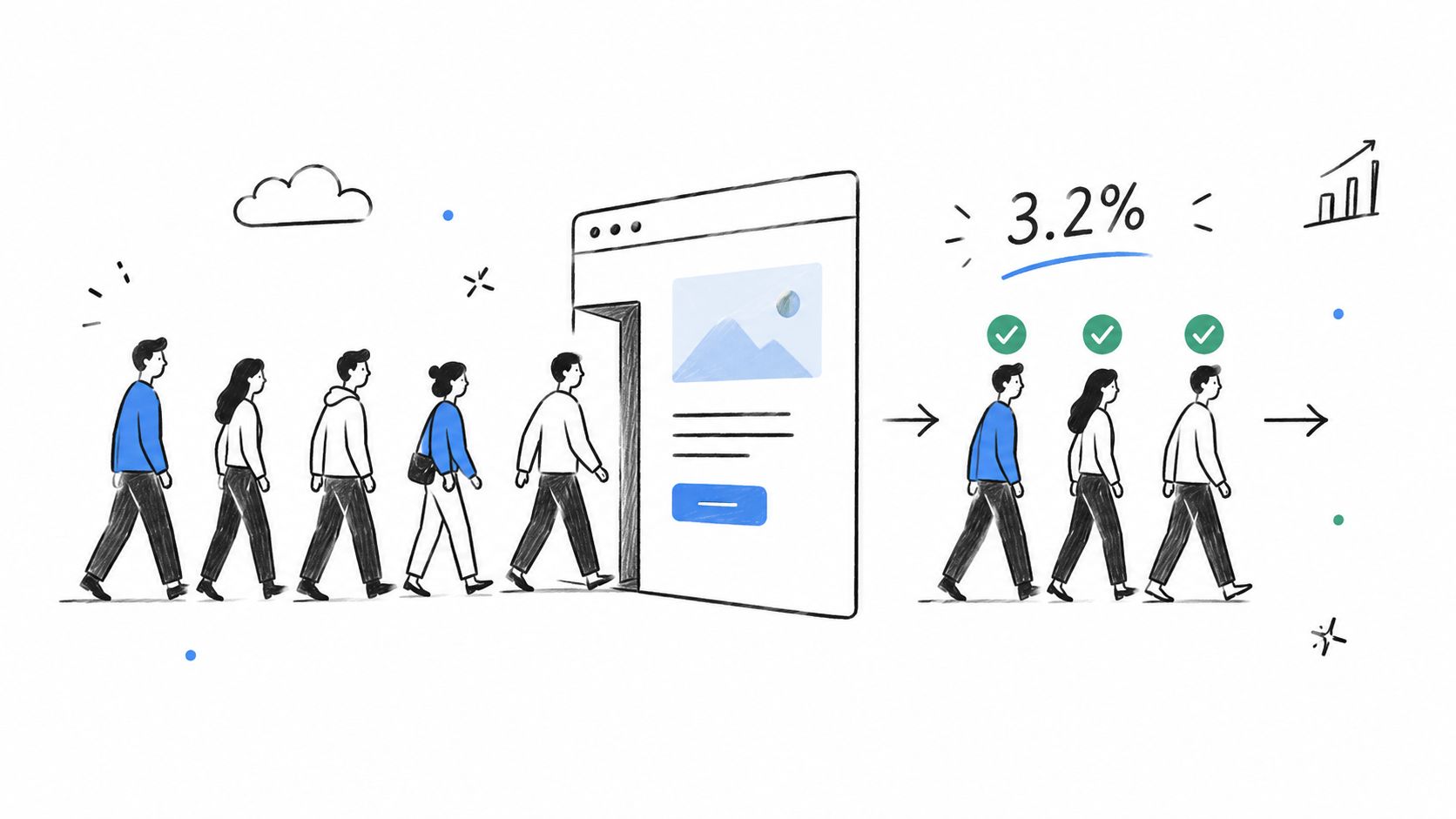 A hand-drawn illustration depicting a group of people walking through a webpage interface with conversion metrics.
