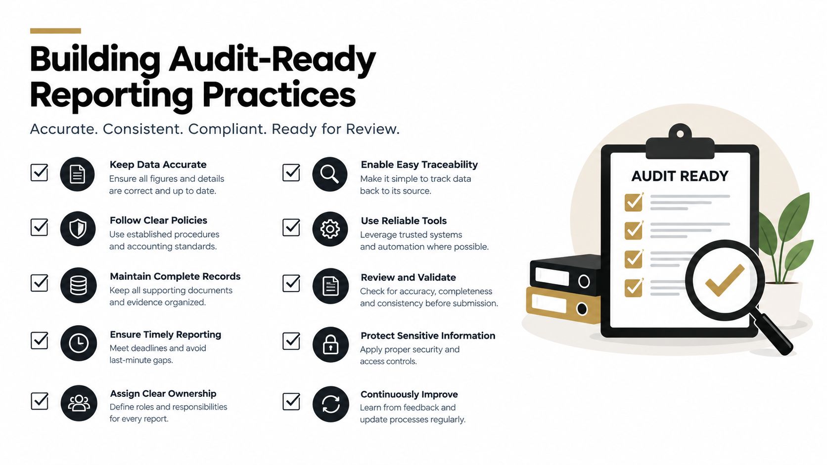 A checklist infographic titled Building Audit-Ready Reporting Practices showing ten essential steps for ensuring compliant business reports.