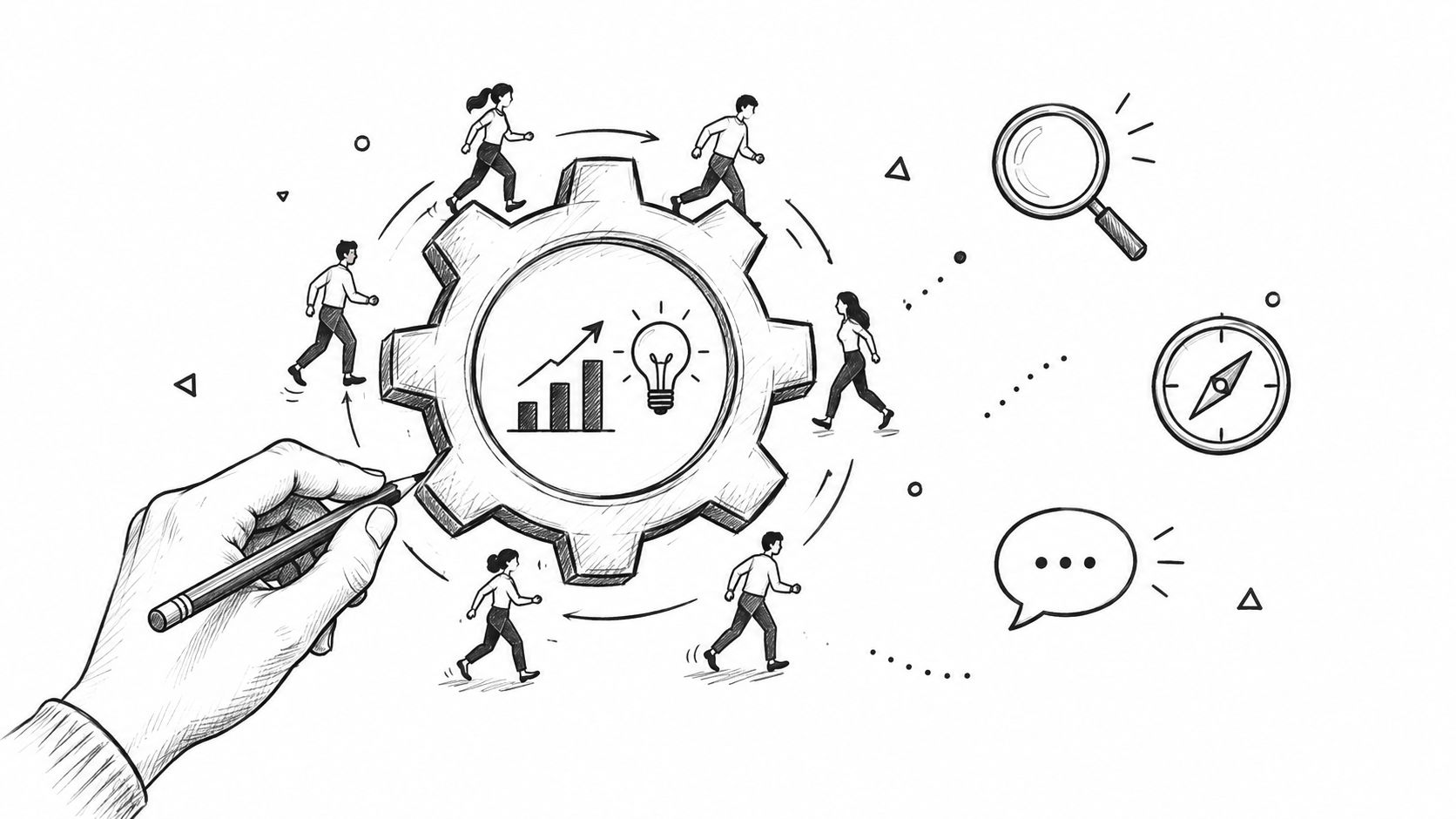 A hand drawing a gear icon surrounded by people icons representing collaborative business growth and strategy development.
