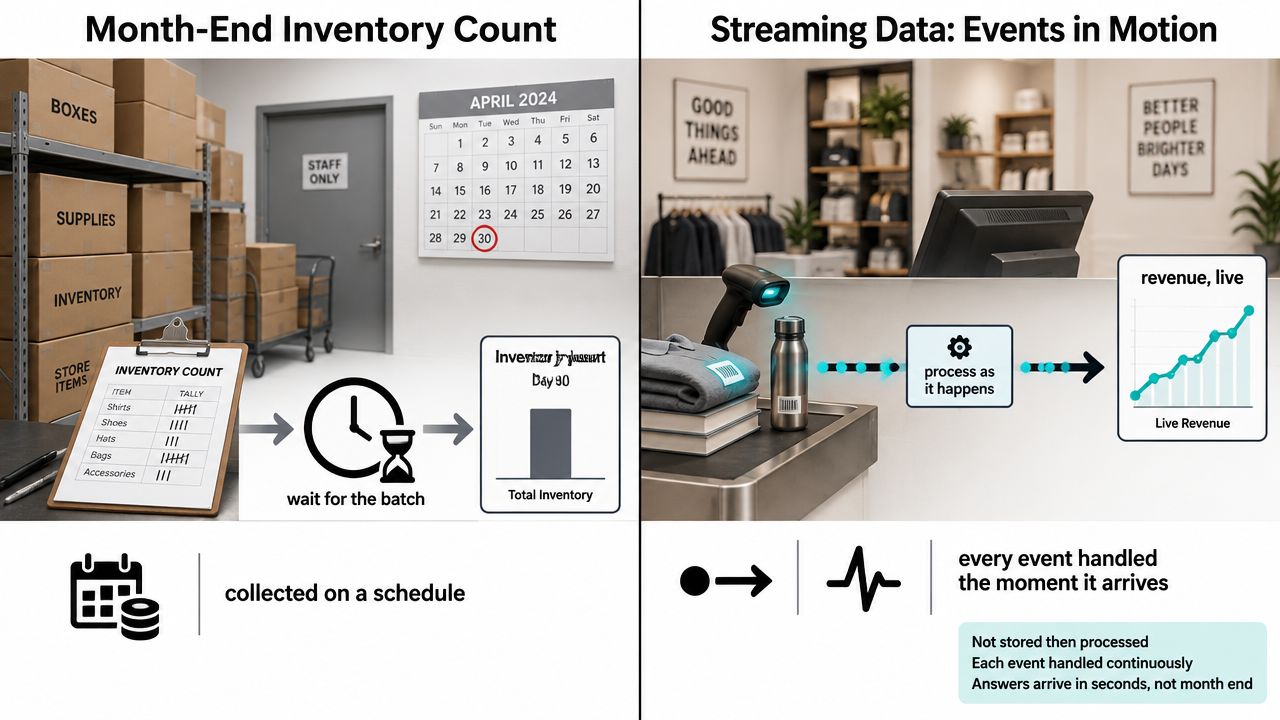 A comparison graphic showing batch processing through manual inventory counting versus real-time streaming data of retail sales.